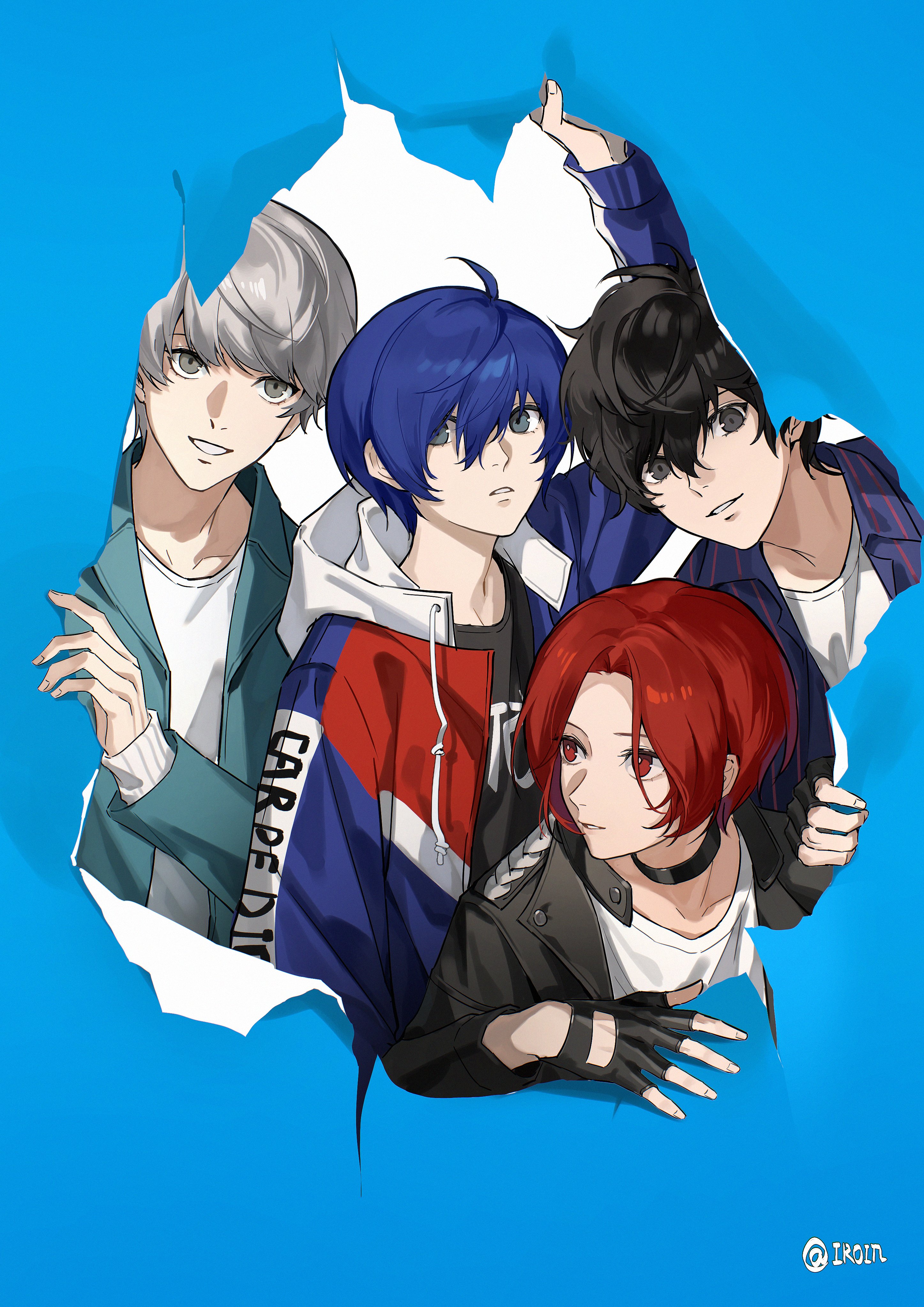 amamiya ren, narukami yu, yuuki makoto (persona 3), persona, persona 3, persona 4, persona 5, persona 5: the phantom x, absurdres, commentary, highres, 4boys, ahoge, artist name, black choker, black eyes, black gloves, black hair, black jacket, black shirt, blue background, blue eyes, blue hair, blue jacket, choker, fingerless gloves, gloves, grey eyes, grey hair, hair between eyes, hood, hooded jacket, iroin11, jacket, kamishiro nagisa, long sleeves, looking at viewer, male focus, multiple boys, page tear, parted lips, red eyes, red hair, revealing layer, shirt, smile, upper body, white shirt