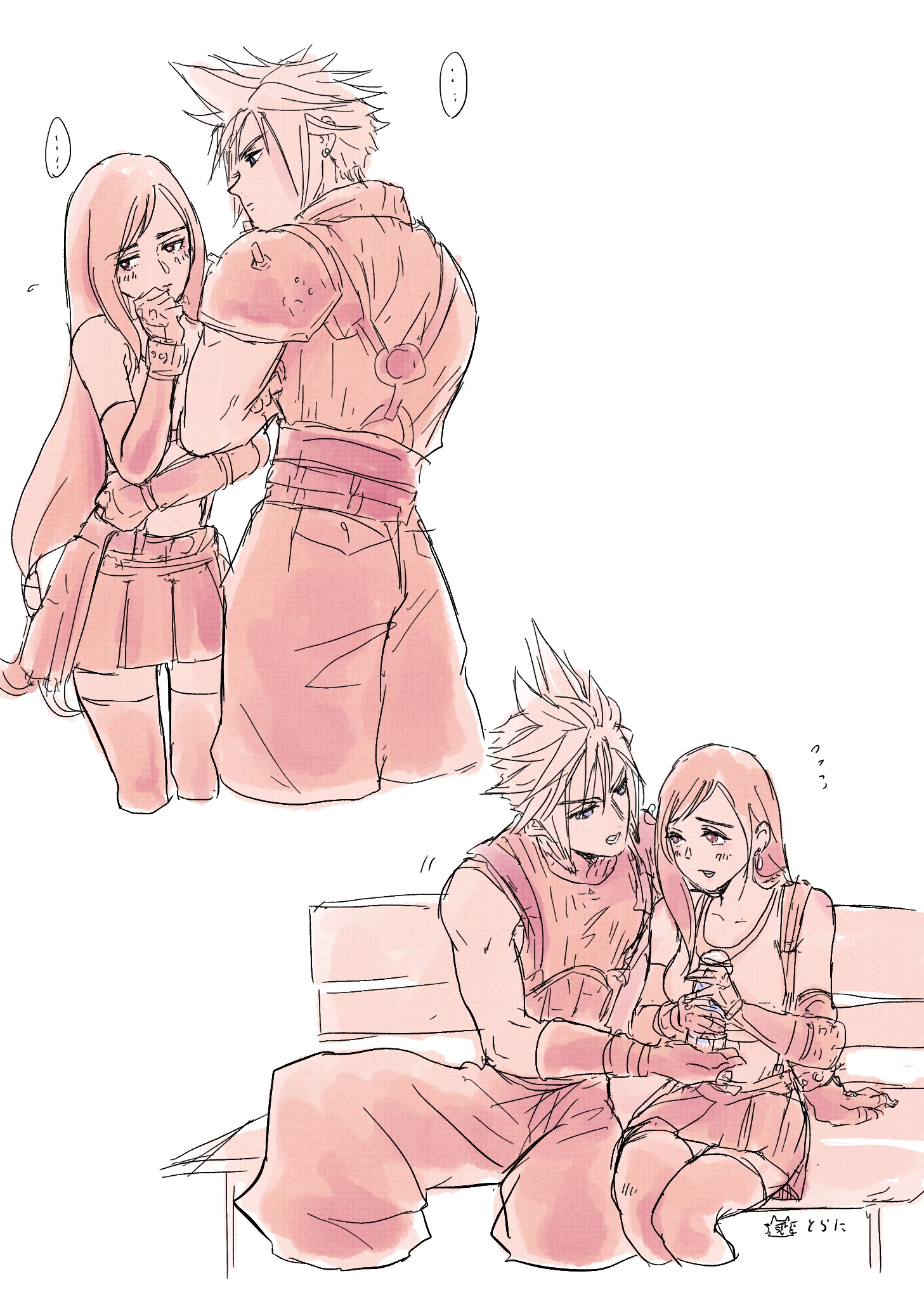 ninnin5tora, cloud strife, tifa lockhart, final fantasy, final fantasy vii, final fantasy vii remake, commentary request, highres, …, 1boy, 1girl, armor, baggy pants, bare shoulders, blush, bottle, crop top, cropped legs, crossed arms, elbow gloves, fingerless gloves, flying sweatdrops, gloves, height difference, holding, holding bottle, long hair, looking at another, midriff, miniskirt, multiple views, on bench, pants, short hair, shoulder armor, simple background, sitting, skirt, sleeveless, sleeveless turtleneck, spiked hair, spoken ellipsis, standing, sweater, swept bangs, tank top, thighhighs, turtleneck, turtleneck sweater, white background, zettai ryouiki