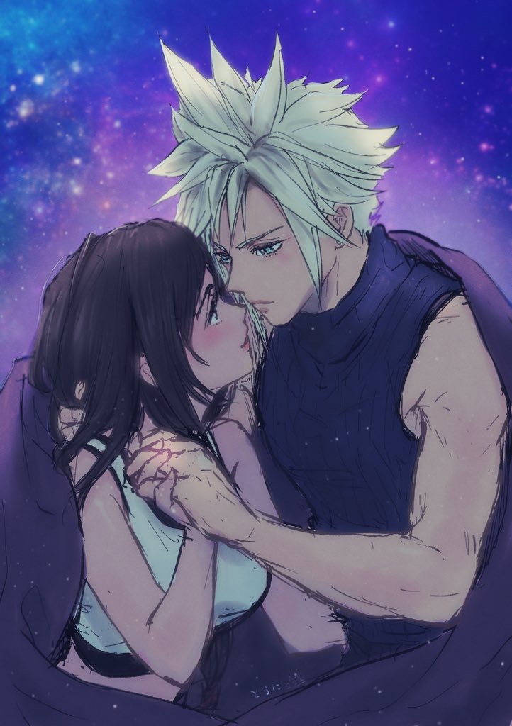 ninnin5tora, cloud strife, tifa lockhart, final fantasy, final fantasy vii, final fantasy vii remake, commentary request, 1boy, 1girl, bare arms, bare shoulders, black hair, black sports bra, blonde hair, blue eyes, blue sweater, blush, breasts, closed mouth, couple, crop top, eye contact, holding hands, interlocked fingers, large breasts, lips, long hair, looking at another, looking at viewer, night, night sky, outdoors, profile, shared blanket, short hair, sky, sleeveless, sleeveless turtleneck, sports bra, star (sky), starry sky, sweater, tank top, turtleneck, turtleneck sweater, upper body, white tank top