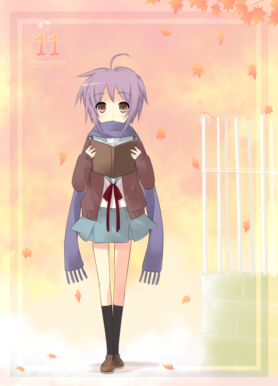 kareha aki, nagato yuki, suzumiya haruhi no yuuutsu, bad id, bad pixiv id, 00s, autumn, autumn leaves, book, brown shoes, cardigan, coat, leaf, orange background, scarf, school uniform, serafuku, shoes, solo