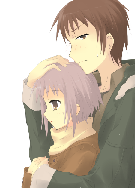 kareha aki, kyon, nagato yuki, suzumiya haruhi no yuuutsu, bad id, bad pixiv id, 00s, 1boy, 1girl, blush, chin rest, coat, couple, hand on another's head, head on head, head rest, headpat, hetero, holding hands, hug, hug from behind, scarf, simple background, sweatdrop, upper body, white background