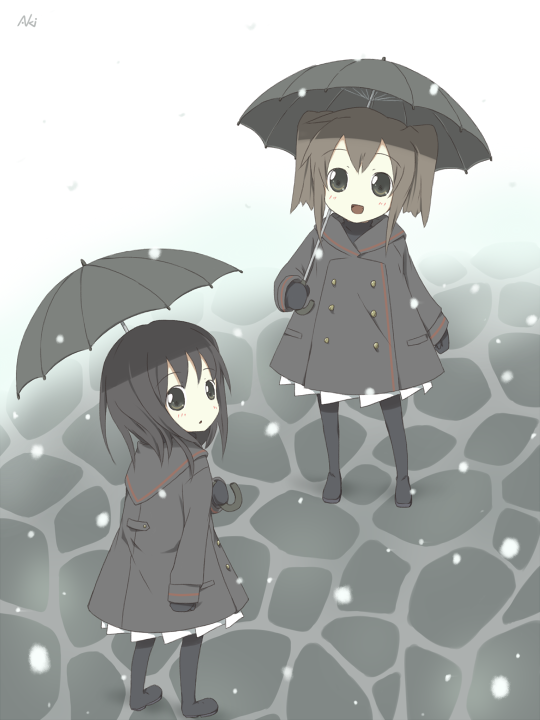 kareha aki, bad id, bad pixiv id, black hair, blush, boots, brown eyes, brown hair, child, coat, gloves, scarf, snow, twintails, umbrella, winter