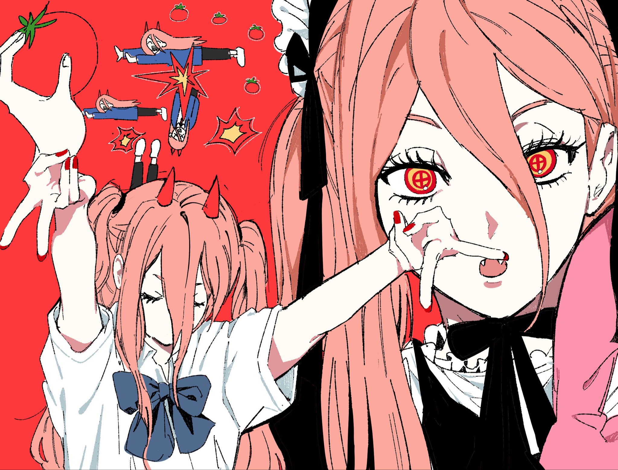 power (chainsaw man), chainsaw man, highres, 1girl, black bow, black bowtie, black dress, black necktie, black pants, black ribbon, blue bow, blue bowtie, blue jacket, bow, bowtie, closed eyes, collared shirt, demon girl, demon horns, dress, eyelashes, fangs, flying, food, frills, full body, hair between eyes, hands up, holding, holding food, holding vegetable, horns, jacket, long hair, long hair between eyes, looking at viewer, maid, maid headdress, multiple views, nail polish, necktie, no mouth, open clothes, open jacket, pants, pink hair, red background, red eyes, red nails, ribbon, sharp teeth, shirt, shoes, short sleeves, simple background, smile, teeth, tomato, tongue, tongue out, twintails, upper body, vegetable, white shirt, white shoes, wqqq q, x x