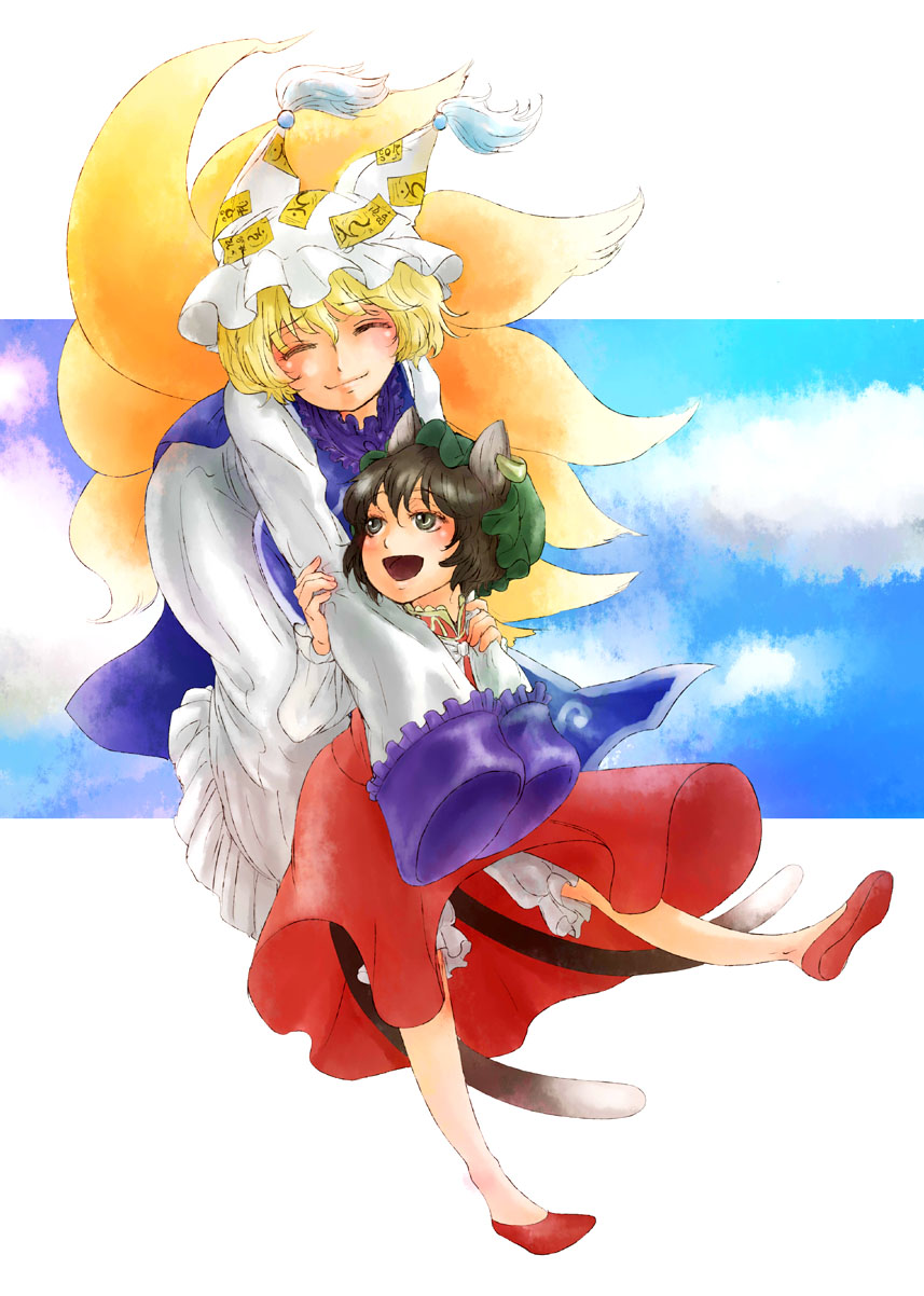 sada noriko, sunata, chen, yakumo ran, touhou, highres, 2girls, animal ears, animal hat, blonde hair, brown hair, cat ears, cat girl, cat tail, closed eyes, earrings, female focus, fox tail, happy, hat, jewelry, long sleeves, mob cap, multiple girls, multiple tails, shoes, short hair, sleeves past wrists, tail, tassel, wide sleeves