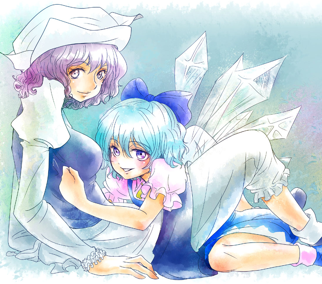 sada noriko, sunata, cirno, letty whiterock, touhou, 2girls, blue eyes, blue hair, female focus, hat, multiple girls, purple hair, ribbon, short hair, wings