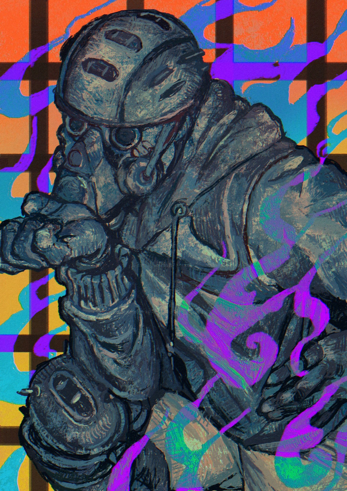 unc, aikawa (dorohedoro), dorohedoro, commentary, highres, 1boy, backwards hat, baseball cap, gas mask, gloves, hat, hood, hood down, mask, solo