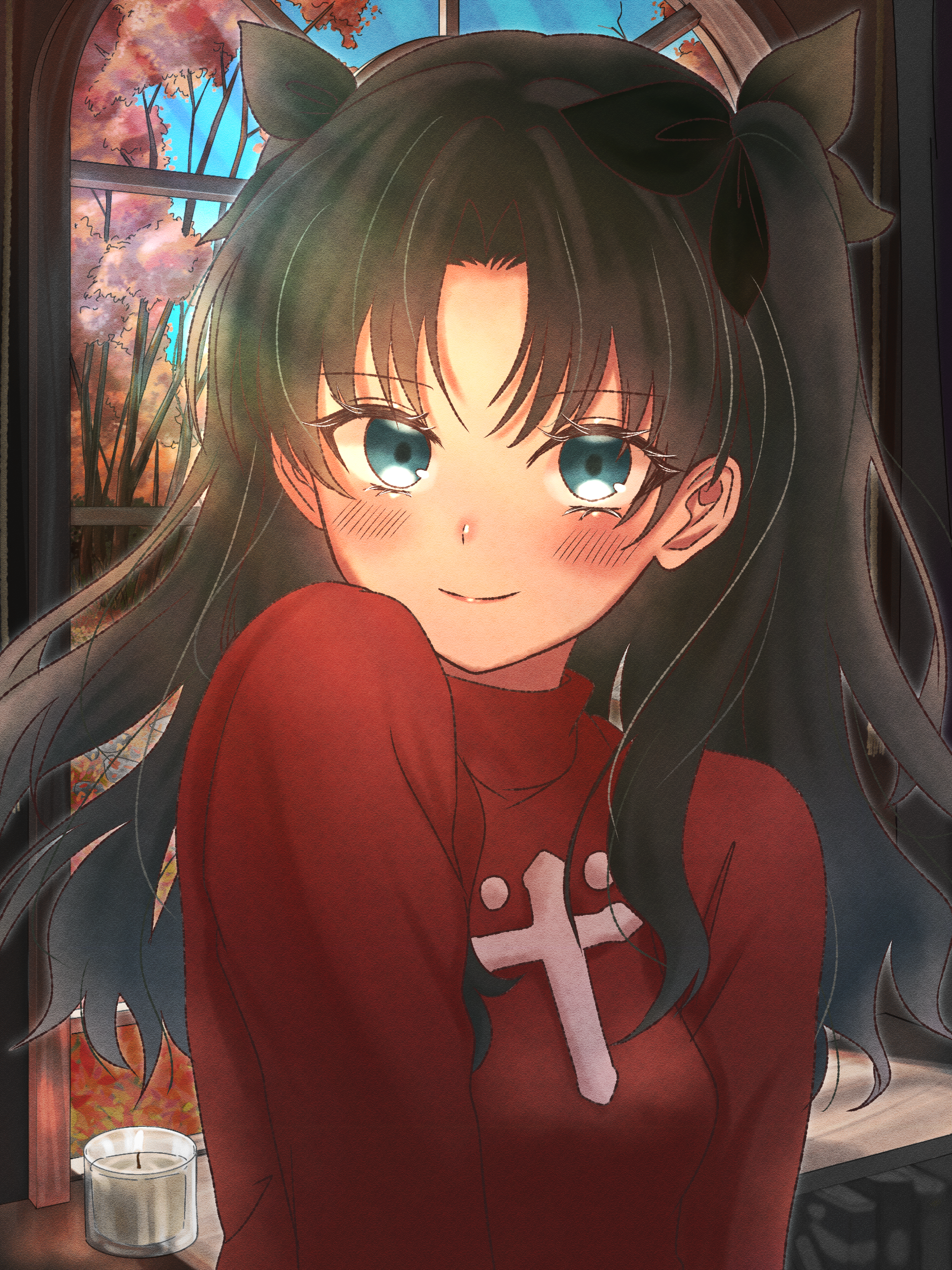 tohsaka rin, fate/stay night, fate/unlimited blade works, fate (series), absurdres, commentary request, highres, 1girl, autumn, autumn leaves, black bow, black hair, blue eyes, blue sky, blush, bookshelf, bow, branch, breasts, candle, closed mouth, cross, cross print, day, hair bow, indoors, leaf, long hair, long sleeves, looking at viewer, marimohu starry, medium breasts, parted bangs, red sweater, sky, smile, solo, sunlight, sweater, table, tree, turtleneck, turtleneck sweater, two side up, upper body, wavy hair, window