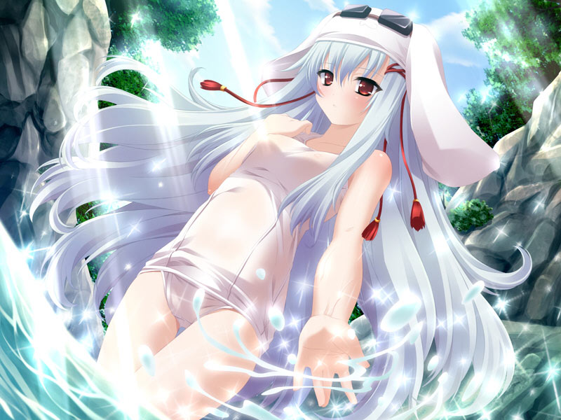 game cg, tagme, 1girl, female focus, hat, one-piece swimsuit, red eyes, school swimsuit, sky, solo, swimsuit, water, white hair, white one-piece swimsuit, white school swimsuit