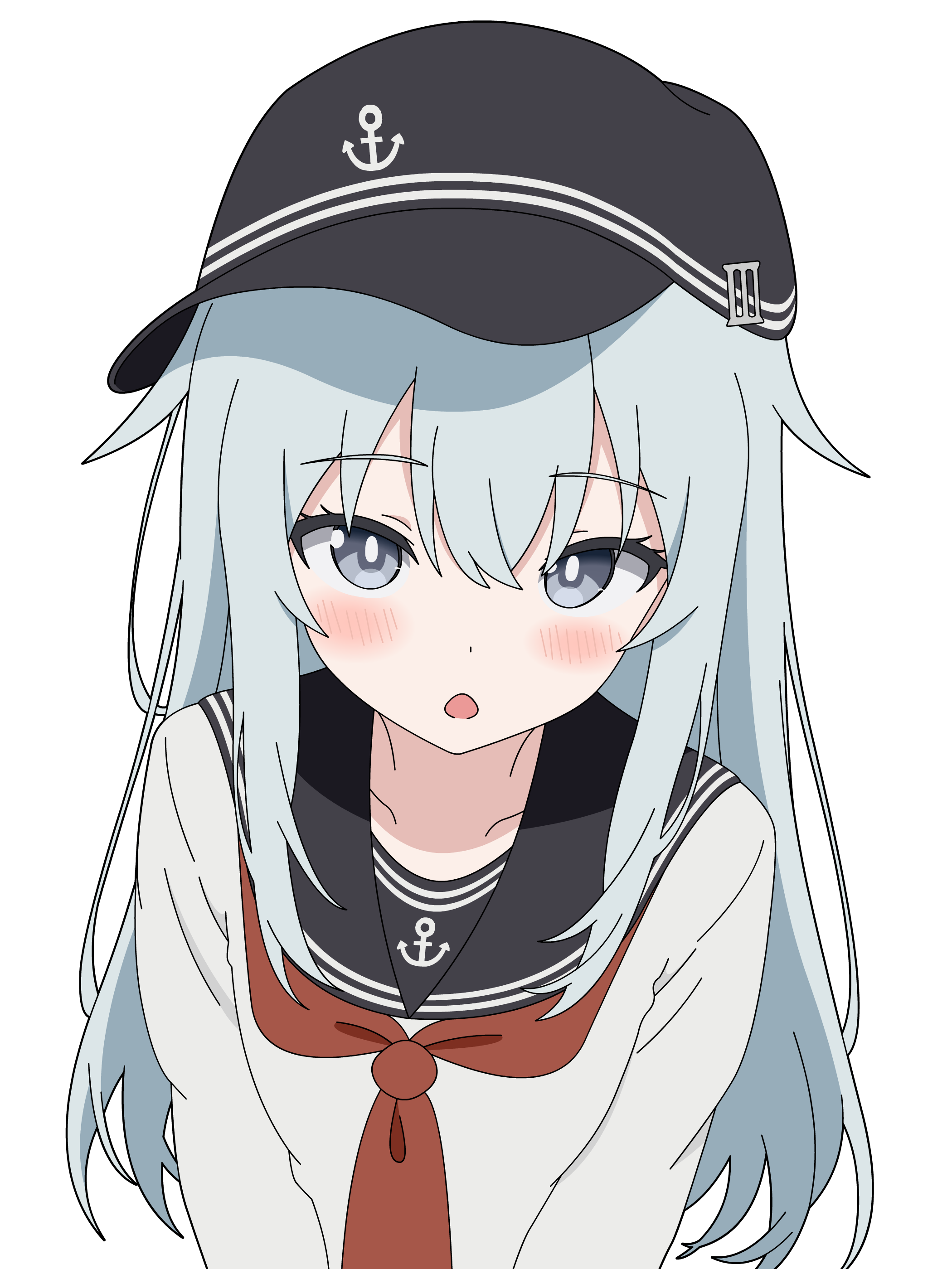 sugapi, hibiki (kancolle), kantai collection, absurdres, commentary request, highres, 1girl, :o, black hat, black sailor collar, blue eyes, blue hair, blush, breasts, hair between eyes, hat, long hair, long sleeves, neckerchief, red neckerchief, sailor collar, school uniform, serafuku, shirt, small breasts, solo, upper body, v arms, very long hair, white shirt