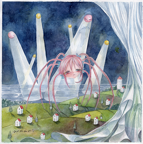 anmari, original, 1girl, artist name, blush, creature, giant, giant monster, half-closed eyes, hill, house, light rays, multiple legs, night, ocean, pink hair, prehensile hair, smile, tree