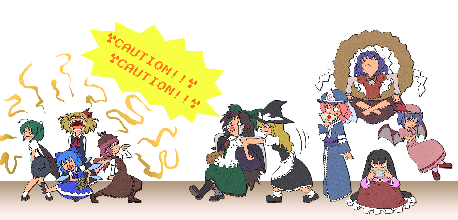 aduman, ganmen2525, cirno, houraisan kaguya, kirisame marisa, mystia lorelei, reiuji utsuho, remilia scarlet, rumia, saigyouji yuyuko, wriggle nightbug, yasaka kanako, touhou, bad id, bad pixiv id, highres, 6+girls, barefoot, blonde hair, chibi, female focus, multiple girls, playing games, red eyes, team 9 (touhou), video game