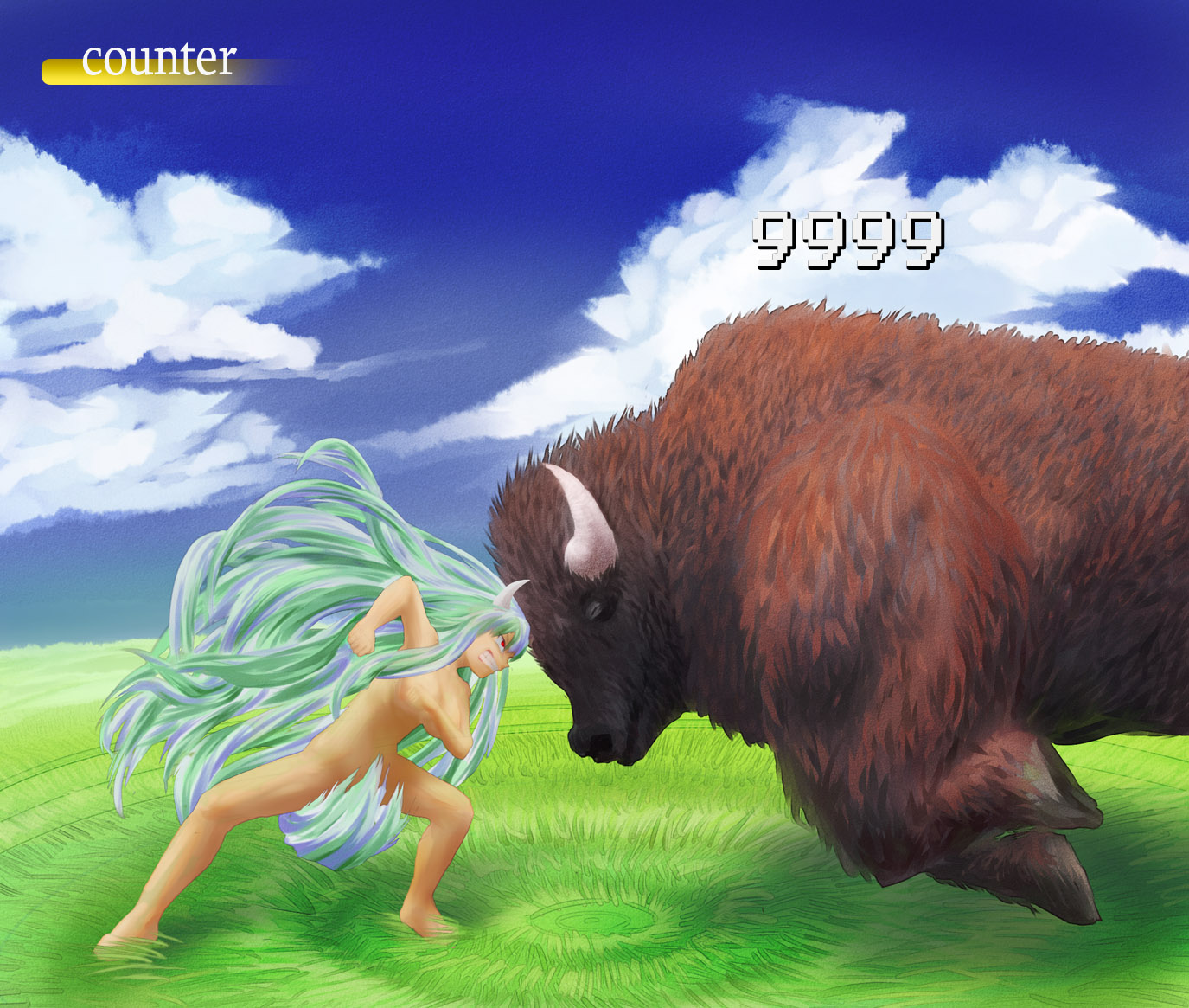 aduman, ganmen2525, ex-keine, kamishirasawa keine, touhou, bad id, bad pixiv id, 1girl, barefoot, battle, bison, buffalo, caved (touhou), censored, charging forward, convenient censoring, damage numbers, damaged, day, epic, female focus, gameplay mechanics, green hair, headbutt, horns, long hair, nude, red eyes, tail censor, very long hair