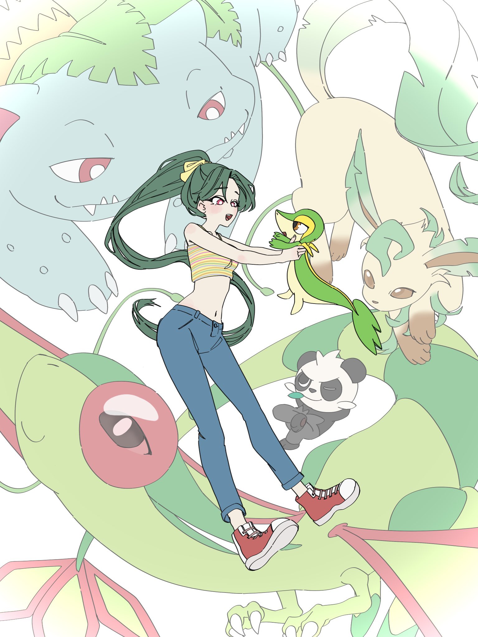 pp 7762, flygon, leafeon, pancham, snivy, venusaur, nintendo, pokemon, highres, 1girl, :d, animal hands, black fur, bow, bright pupils, brown eyes, brown fur, claws, crop top, denim, dragon, fangs, full body, gen 1 pokemon, gen 3 pokemon, gen 4 pokemon, gen 5 pokemon, gen 6 pokemon, green fur, green hair, green wings, hair bow, jeans, leaf, looking at another, mouth hold, navel, one eye closed, open mouth, panda, pants, pokemon (creature), ponytail, red eyes, red shoes, shirt, shoes, simple background, smile, stalk in mouth, standing, white background, white fur, white pupils, wings, yellow bow, yellow fur, yellow shirt