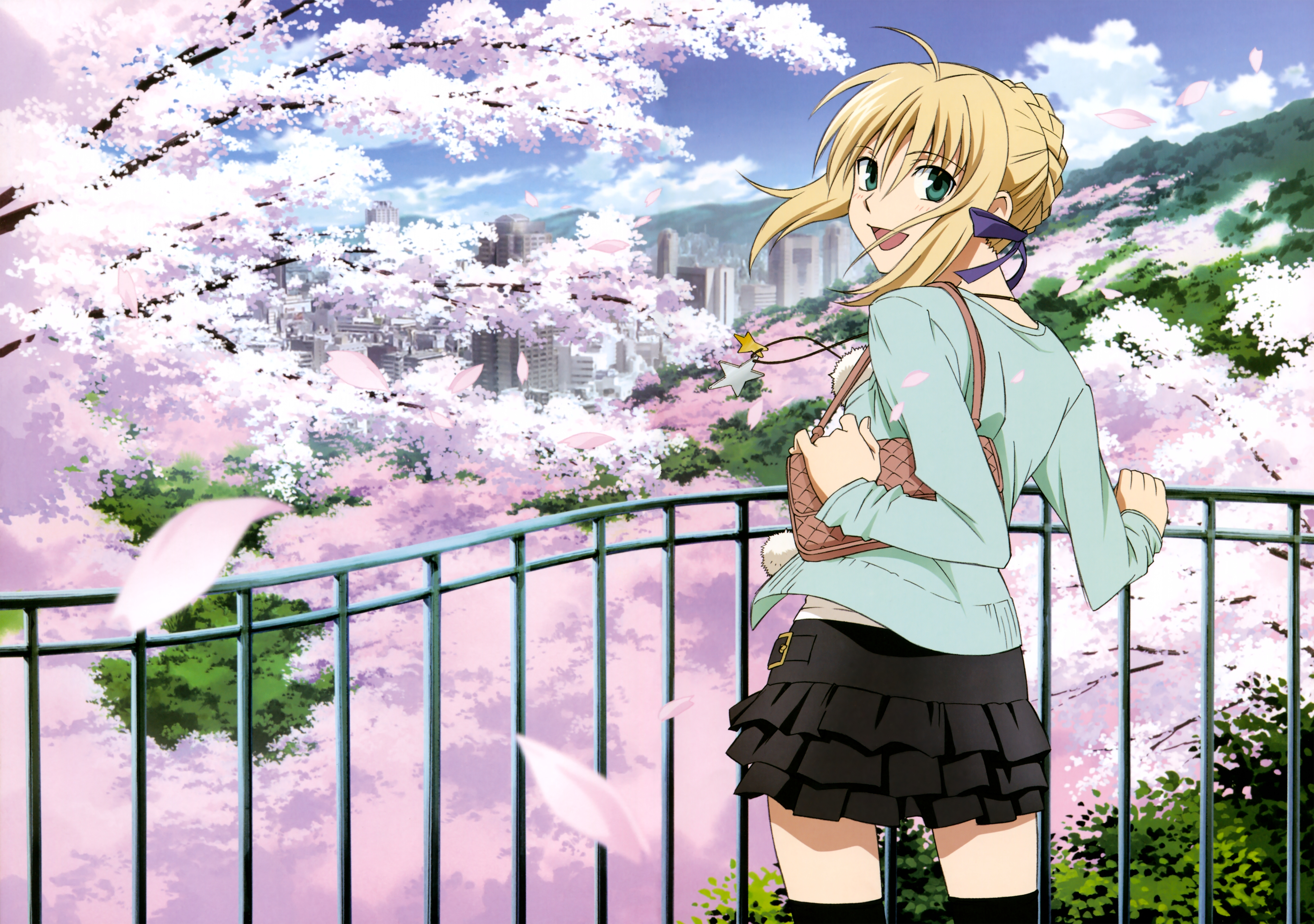 komori takahiro, artoria pendragon (fate), saber (fate), fate/stay night, fate (series), absurdres, highres, 00s, ahoge, alternate costume, bag, blonde hair, cherry blossoms, green eyes, petals, ribbon, skirt, solo, thighhighs, zettai ryouiki