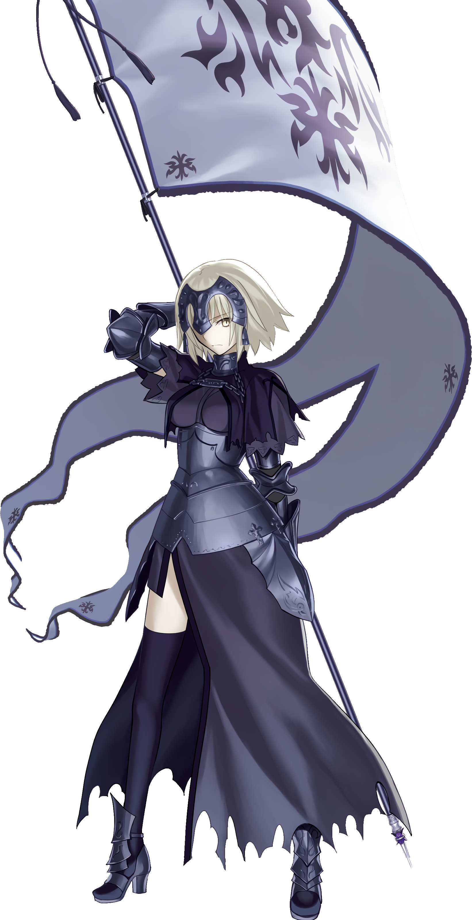 jeanne d'arc alter (fate), fate/grand order, fate (series), absurdres, highres, non-web source, official art, 1girl, armor, armored boots, armored dress, battle standard, black armor, black capelet, black collar, black dress, black thighhighs, blonde hair, boobplate, boots, breastplate, breasts, capelet, chain, closed mouth, collar, dress, flag, full body, gauntlets, hand up, headgear, high heels, holding, holding flag, looking at viewer, medium breasts, one eye covered, short hair, simple background, solo, standing, thighhighs, torn clothes, torn dress, transparent background, war flag, yellow eyes
