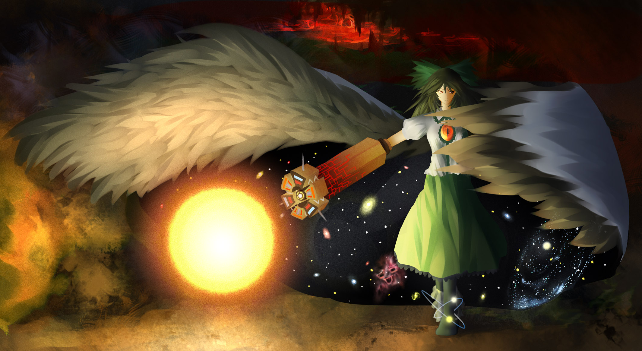 aduman, ganmen2525, reiuji utsuho, touhou, bad id, bad pixiv id, highres, 1girl, alternate weapon, arm cannon, cave, female focus, galaxy, ribbon, solo, space, weapon, when you see it, wings, yukkuri shiteitte ne