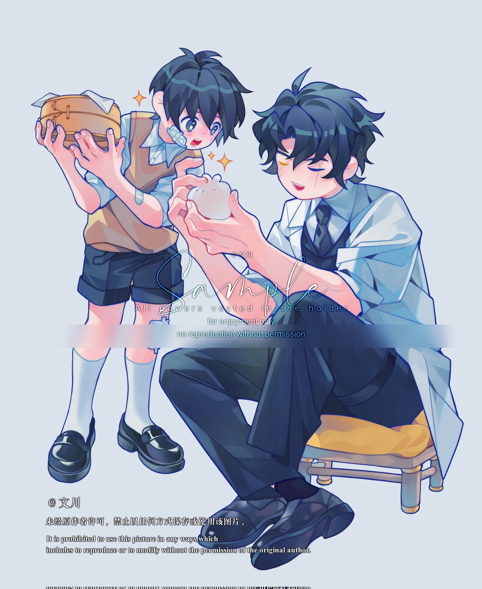 secretive plotter, omniscient reader's viewpoint, highres, 2boys, :o, ;d, ahoge, black eyes, black hair, black necktie, black shorts, black vest, collared shirt, cooking, crossed ankles, curtained hair, dumpling, food, full body, holding bamboo steamer, male focus, multiple boys, necktie, nicayuko, oldest dream, one eye closed, open mouth, scar, scar across eye, scar on face, shirt, short hair, shorts, sitting, sleeves rolled up, smile, socks, sparkle, vest, white shirt, white socks, yellow eyes, yellow vest