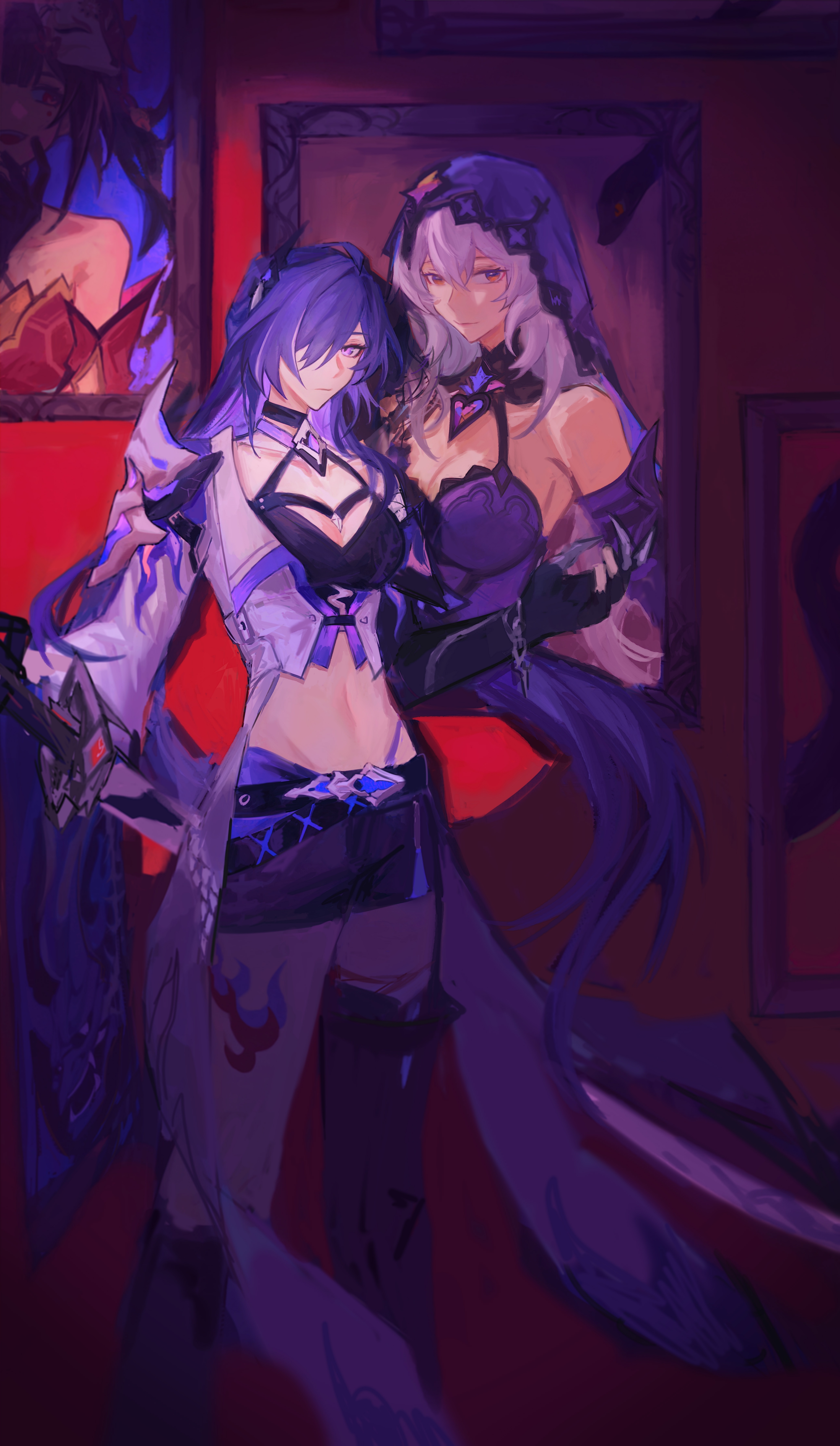 nicowuakja, acheron (honkai: star rail), black swan (honkai: star rail), sparkle (honkai: star rail), honkai: star rail, honkai (series), absurdres, chinese commentary, highres, 1girl, armor, asymmetrical footwear, bare shoulders, black shorts, breasts, cleavage, collarbone, curly hair, detached collar, dress, fake claws, hair between eyes, hair ornament, hair over one eye, indoors, japanese clothes, katana, large breasts, leg tattoo, long hair, multicolored hair, navel, purple dress, purple eyes, purple hair, red background, shade, shorts, shoulder armor, sideboob, single sleeve, snake, spotlight, standing, stomach, streaked hair, sword, taking picture, tattoo, thighhighs, toned, toned female, two-tone veil, uneven footwear, upper body, weapon, wide sleeves