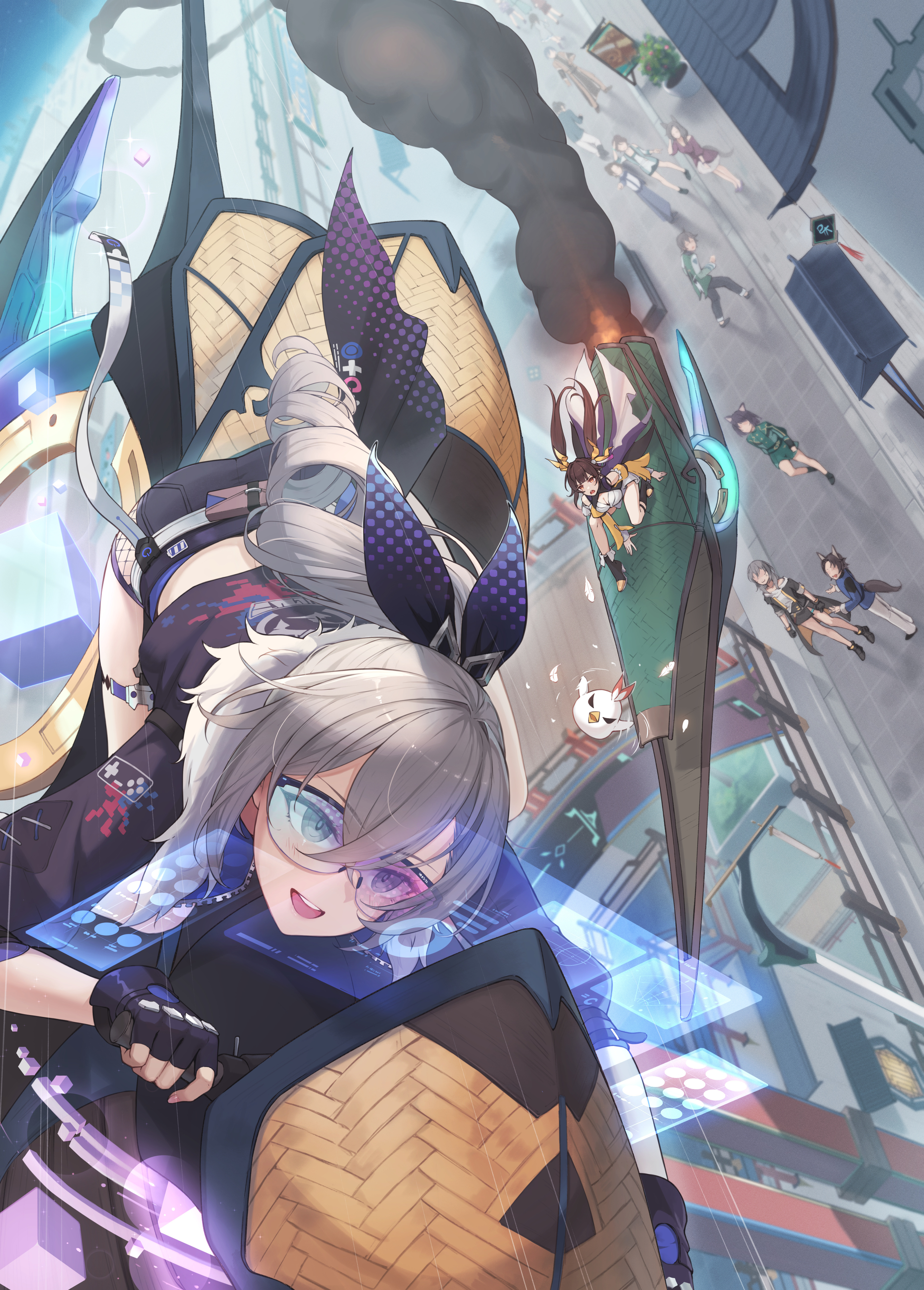 eliskalti, silver wolf (honkai: star rail), stelle (honkai: star rail), sushang (honkai: star rail), trailblazer (honkai: star rail), honkai: star rail, honkai (series), absurdres, highres, brown hair, fur-trimmed jacket, fur trim, gloves, grey eyes, grey hair, hair ribbon, jacket, purple-tinted eyewear, racing, ribbon, shorts, silkpunk, single drill, smoke, starskiff (honkai: star rail), tinted eyewear, twintails