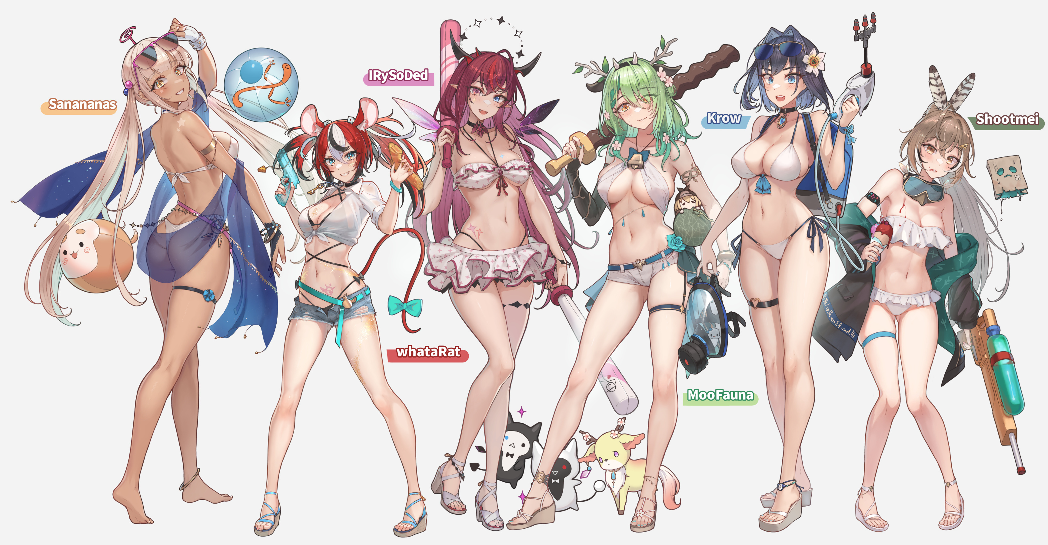 eliskalti, bloom (irys), boros (ouro kronii), ceres fauna, friend (nanashi mumei), gloom (irys), guyrys, hakos baelz, hooman (nanashi mumei), irys (hololive), kronie (ouro kronii), nanashi mumei, nemu (ceres fauna), ouro kronii, sapling (ceres fauna), smol ame, tsukumo sana, watson amelia, hololive, hololive english, super soaker, absurdres, commission, highres, 6+girls, :d, alternate costume, animal ears, antlers, arm strap, bag, bare legs, beach, bell, bikini, bikini skirt, bird, black choker, blue eyes, blue hair, blue nails, bow, branch, breasts, bridal gauntlets, brown eyes, brown hair, can, cantaloupe, choker, cleavage, collarbone, crossed bangs, dark-skinned female, dark skin, demon wings, denim, denim shorts, drink can, drinking straw, eyelashes, eyewear lift, eyewear on head, fangs, feather hair ornament, feathers, feet, flip-flops, flower, food, frilled bikini, frills, fruit, full body, goggles, goggles around neck, green hair, grey background, hair between eyes, hair flower, hair intakes, hair ornament, hair over one eye, hairband, hairclip, hand up, handbag, head tilt, head wings, heterochromia, hieroglyphics, high heels, highleg, highleg bikini, holding, holding water gun, horns, ice cream, ice cream cone, jacket, large breasts, leaning to the side, legs, long hair, long sleeves, looking at viewer, lotion, medium breasts, melon, micro shorts, mouse ears, mouse tail, multicolored hair, multiple girls, nail polish, navel, neck bell, off shoulder, open clothes, open jacket, open mouth, orange eyes, owl, parted lips, pink eyes, pink nails, pointy ears, ponytail, red hair, runes, sand, sandals, sandwich, shadow, shiny skin, short hair, shorts, sideboob, sidelocks, simple background, skindentation, smile, soda can, standing, stomach, strapless, strapless bikini, strappy heels, streaked hair, string bikini, submarine sandwich, sunglasses, sunscreen, swimsuit, tail, tail bow, tail ornament, thigh strap, thighs, toenail polish, toenails, toes, twintails, underboob, very long hair, virtual youtuber, water gun, weapon, white background, white bikini, white hair, wings, yellow eyes