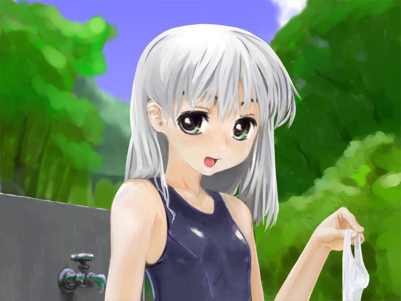 gasketsu, 1girl, day, female focus, green eyes, holding, holding panties, holding underwear, holding unworn clothes, one-piece swimsuit, outdoors, panties, school swimsuit, solo, swimsuit, underwear, white hair