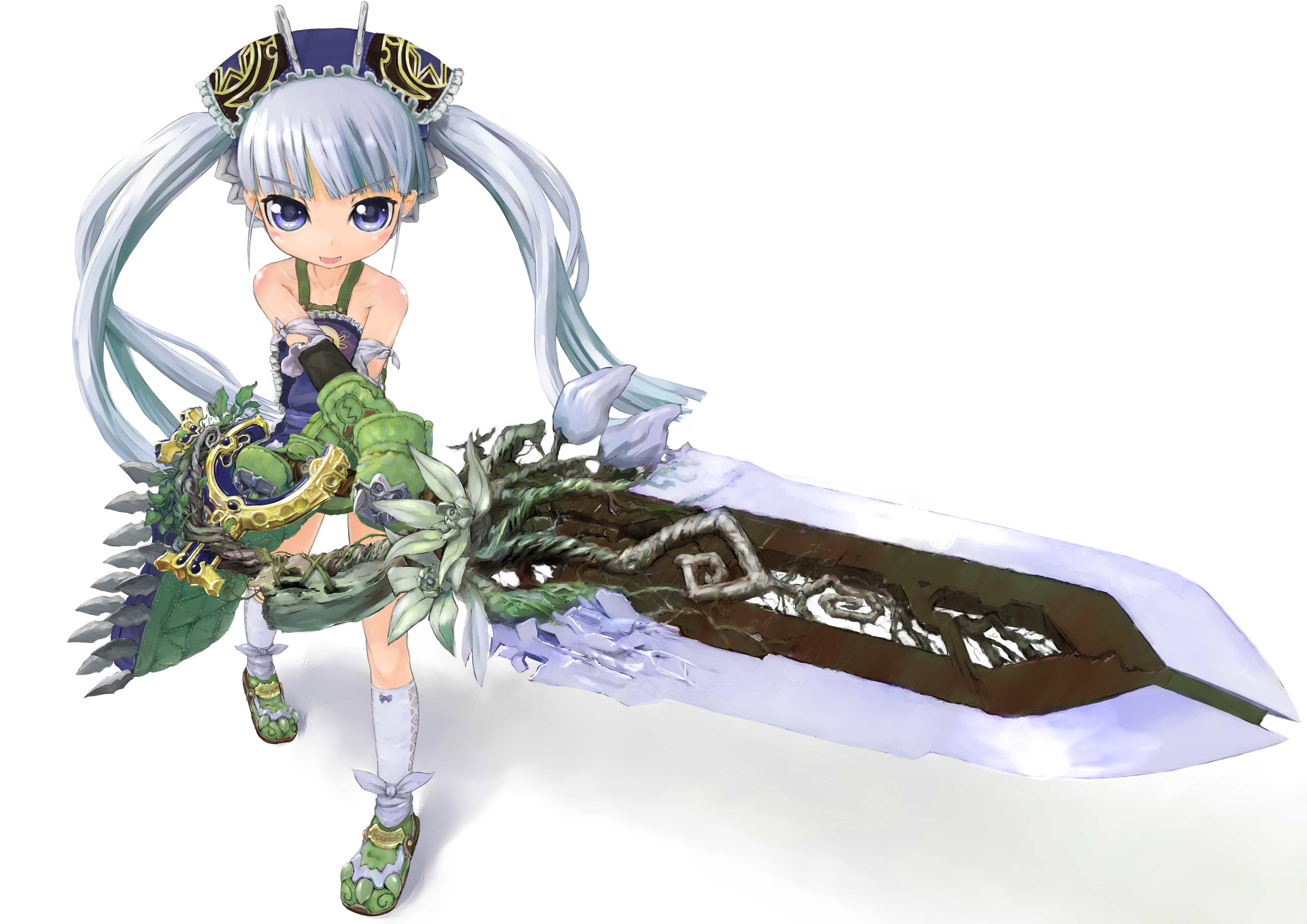 gasketsu, gretel (otogi-jushi akazukin), otogi-juushi akazukin, gretel, absurdres, highres, 00s, 1girl, blue eyes, female focus, solo, sword, twintails, weapon
