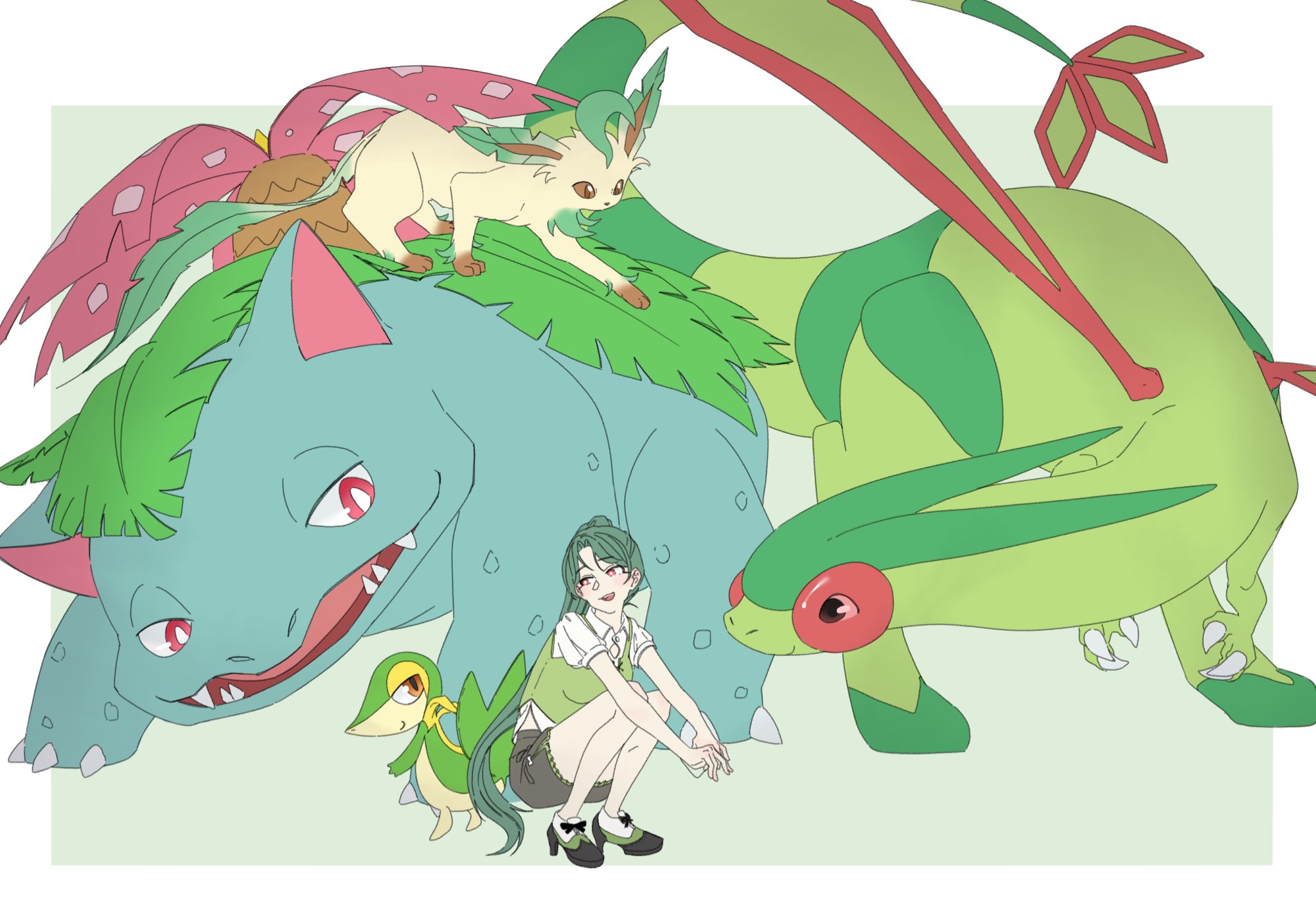 pp 7762, flygon, leafeon, snivy, venusaur, nintendo, pokemon, highres, 1girl, :d, black shoes, border, bright pupils, brown eyes, brown fur, claws, dragon, fangs, full body, gen 1 pokemon, gen 3 pokemon, gen 4 pokemon, gen 5 pokemon, green background, green fur, green hair, green vest, green wings, grey shorts, leaf, looking at another, open mouth, pokemon (creature), ponytail, red eyes, shirt, shoes, shorts, simple background, smile, snake, squatting, standing, vest, white background, white border, white pupils, white shirt, wings, yellow fur