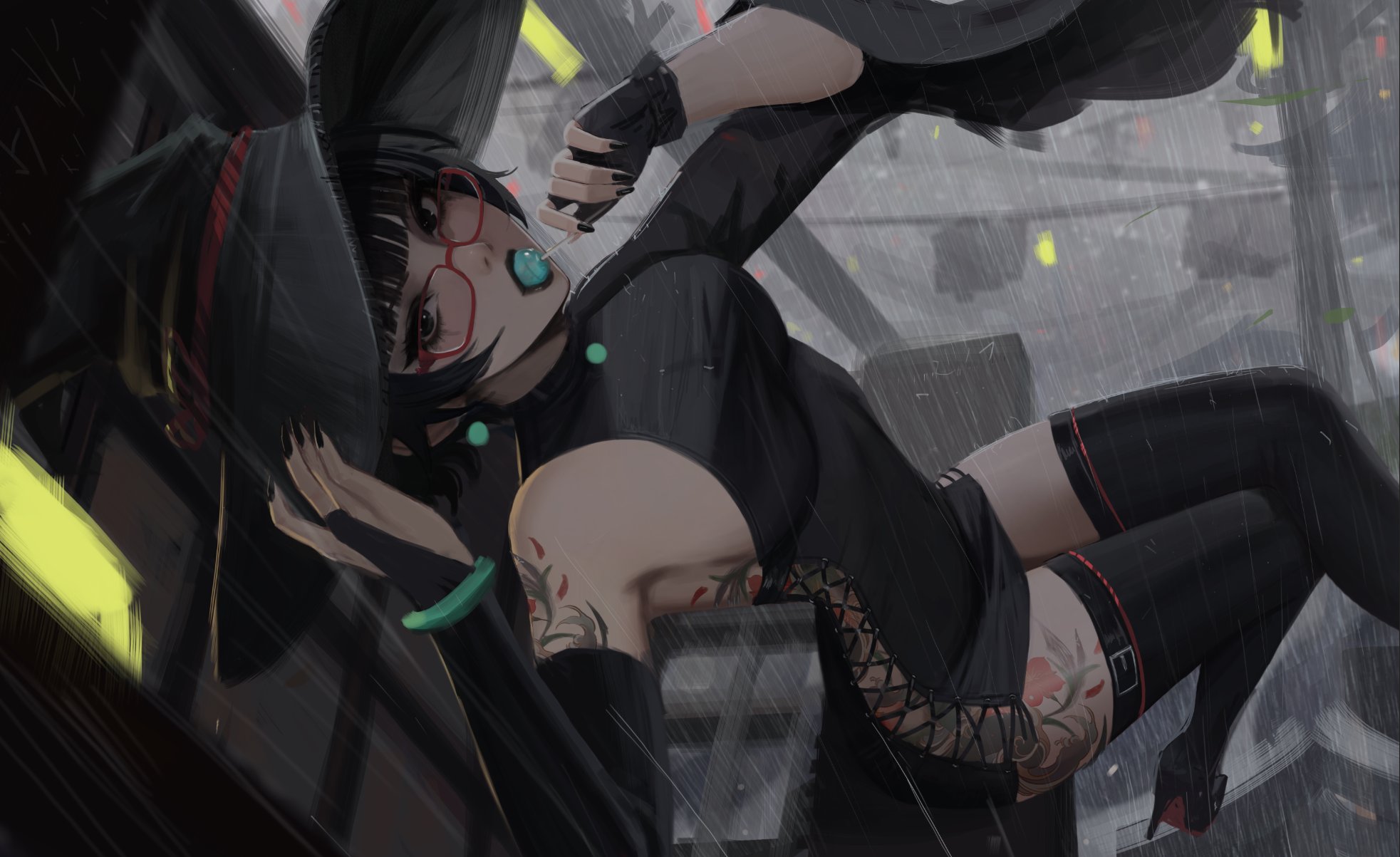 neo (neorarty3), original, commentary, highres, 1girl, black bridal gauntlets, black dress, black eyes, black gloves, black hair, black hat, black lips, black nails, black shoes, black thighhighs, breasts, bridal gauntlets, candy, christian louboutin (brand), clothing cutout, colored shoe soles, cross-laced clothes, cross-laced cutout, dress, fingerless gloves, fingernails, flower tattoo, food, glasses, gloves, hat, high heels, holding, holding candy, holding food, holding lollipop, large breasts, lollipop, lollipop in mouth, looking at viewer, nail polish, red-framed eyewear, shoes, short hair, side cutout, single bridal gauntlet, single fingerless glove, single wide sleeve, solo, stiletto heels, tattoo, thighhighs, witch hat