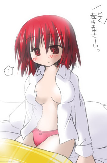 murabito, translated, 1girl, bed, blush, breasts, cleavage, female focus, open clothes, open shirt, panties, pillow, red eyes, red hair, shirt, short hair, solo, underwear