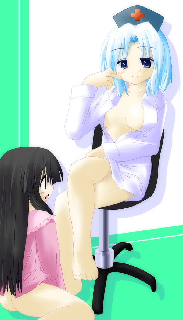 murabito, houraisan kaguya, yagokoro eirin, touhou, 2girls, artistic error, ass, barefoot, black hair, bottomless, breasts, female focus, japanese clothes, legs, long hair, multiple girls, open clothes, open shirt, shirt, sitting