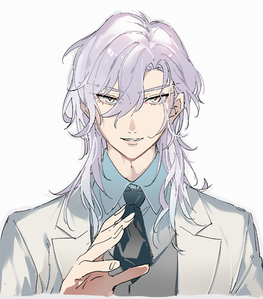 m-tobiei, marisbury animusphere, fate/grand order, fate (series), 1boy, alternate hairstyle, black necktie, blue shirt, collared shirt, cropped torso, formal clothes, grey background, grey eyes, grey vest, hair between eyes, hair down, hand up, jacket, looking at viewer, lower eyelashes only, male focus, medium hair, necktie, parted bangs, parted lips, reaching, reaching towards viewer, shirt, simple background, smile, solo, straight-on, suit, vest, white hair, white jacket