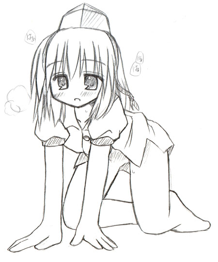 murabito, shameimaru aya, touhou, 1girl, blush, female focus, full body, greyscale, hat, monochrome, solo, white background