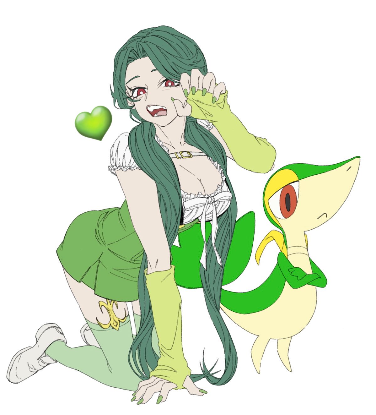 pp 7762, snivy, nintendo, pokemon, highres, 1girl, :<, bow, breasts, bridal gauntlets, bright pupils, claw pose, cleavage, crossed arms, full body, gen 5 pokemon, green bridal gauntlets, green hair, green nails, green skirt, green socks, kneeling, large breasts, looking at viewer, low twintails, open mouth, pokemon (creature), red eyes, shirt, shoes, short sleeves, simple background, skirt, snake, socks, standing, twintails, white background, white bow, white pupils, white shirt, white shoes