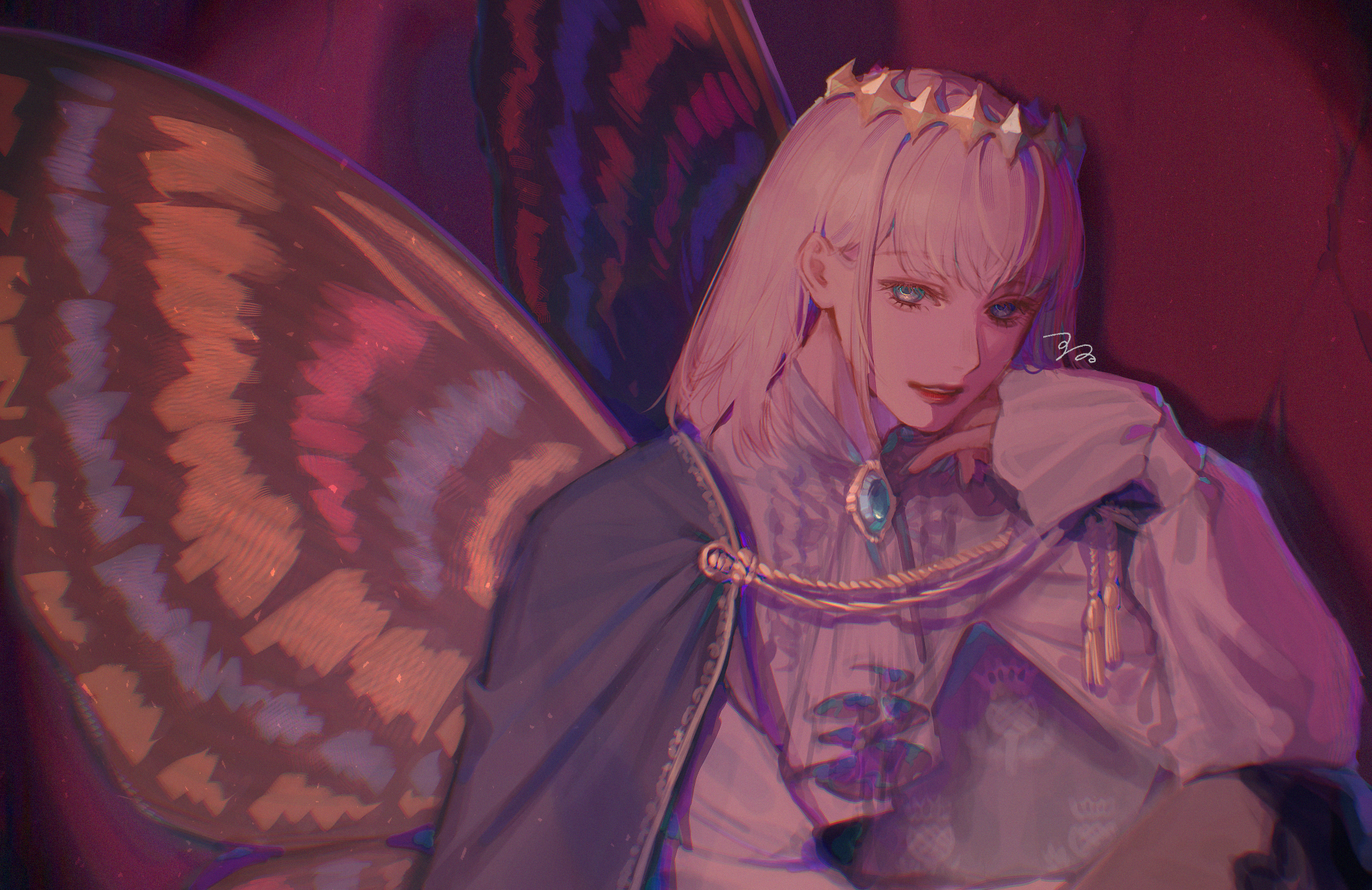 oberon (fate), fate/grand order, fate (series), commentary, highres, 1boy, aegyo sal, alternate costume, arthropod boy, ascot, blue cape, blue eyes, brooch, bug, butterfly wings, cape, crown, elbow rest, hair behind ear, head rest, insect wings, jewelry, light smile, lips, long sleeves, looking at viewer, male focus, parted lips, red lips, shirt, short hair, signature, solo, suidrawsui, sweater guard, tassel, white ascot, white hair, white shirt, wings