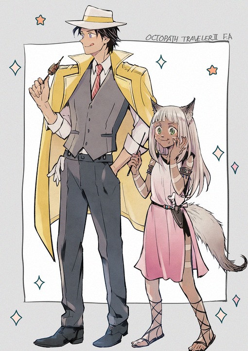 grel (r6hgvu5), ochette (octopath traveler), partitio yellowil, octopath traveler, octopath traveler ii, commentary, 1boy, 1girl, :q, animal ears, black hair, border, coat, copyright name, food, formal clothes, green eyes, grey border, grey hair, grey pants, grey suit, hand in pocket, hat, holding, holding skewer, jacket, jacket on shoulders, long hair, meat, outside border, pants, skewer, sparkle, standing, suit, tail, tongue, tongue out, white background, white hat, yellow coat