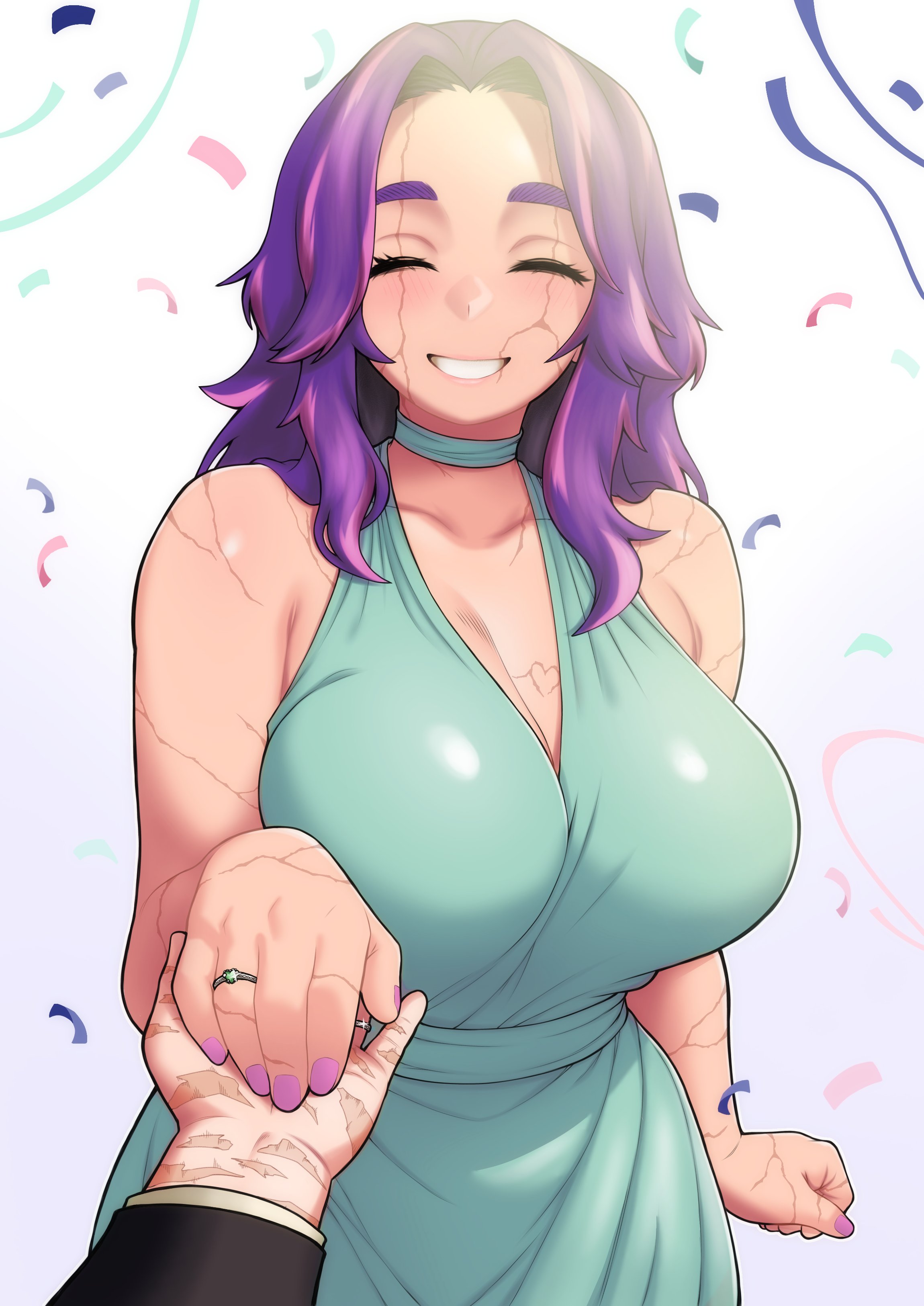 evoltodraw, lady nagant, boku no hero academia, absurdres, commentary, english commentary, highres, 1boy, 1girl, blue dress, breasts, cleavage, closed eyes, confetti, dress, grin, happy, jewelry, large breasts, long hair, multicolored hair, pink hair, purple hair, ring, scar, scar across eye, scar on arm, scar on breasts, scar on face, scar on hand, scar on shoulder, smile, two-tone hair