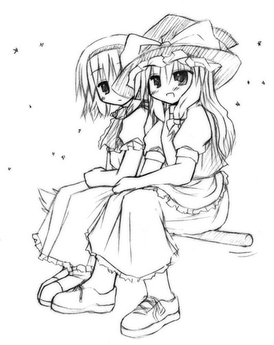 murabito, alice margatroid, kirisame marisa, touhou, 2girls, :d, apron, blush, dress, female focus, full body, greyscale, hairband, hat, monochrome, multiple girls, open mouth, puffy short sleeves, puffy sleeves, shoes, short sleeves, simple background, smile, sneakers, waist apron, white background, witch hat