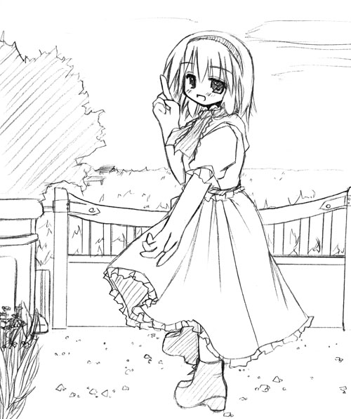 murabito, alice margatroid, touhou, 1girl, female focus, full body, greyscale, monochrome, nature, outdoors, sky, solo