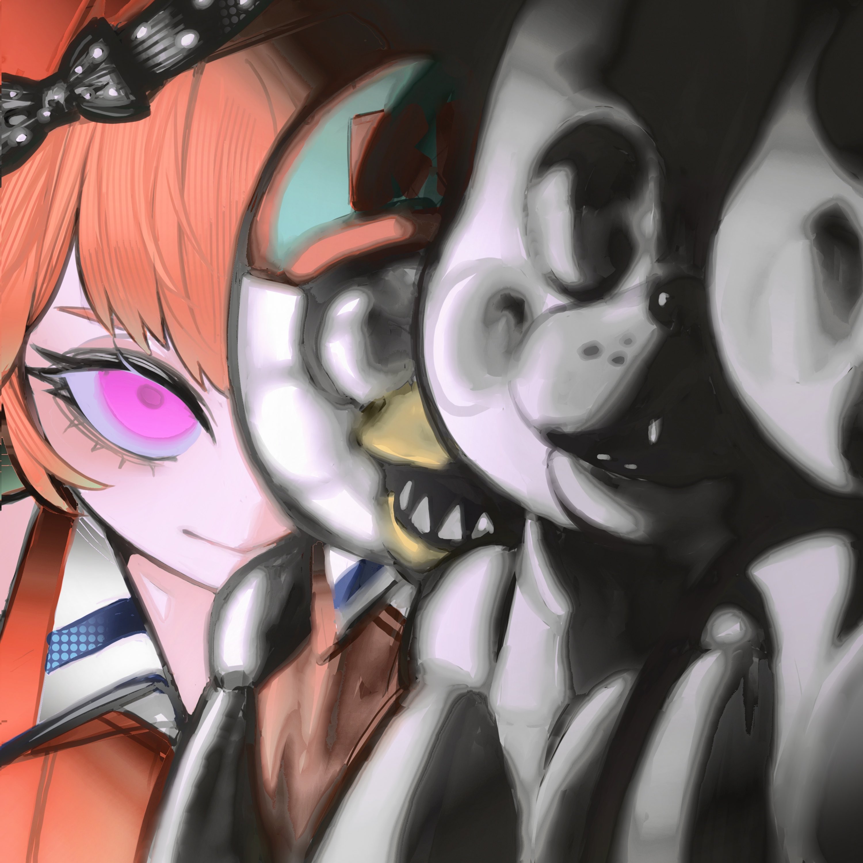 pungson mori, bonnie (fnaf), freddy fazbear, takanashi kiara, takanashi kiara (1st costume), toy chica, five nights at freddy's, five nights at freddy's 2, hololive, hololive english, absurdres, commentary, english commentary, highres, 1girl, :>, beret, blurry, blurry foreground, eyelashes, hat, kfp, long hair, looking at viewer, orange hair, orange hat, purple eyes, sharp teeth, smile, standing, teeth, upper body, virtual youtuber