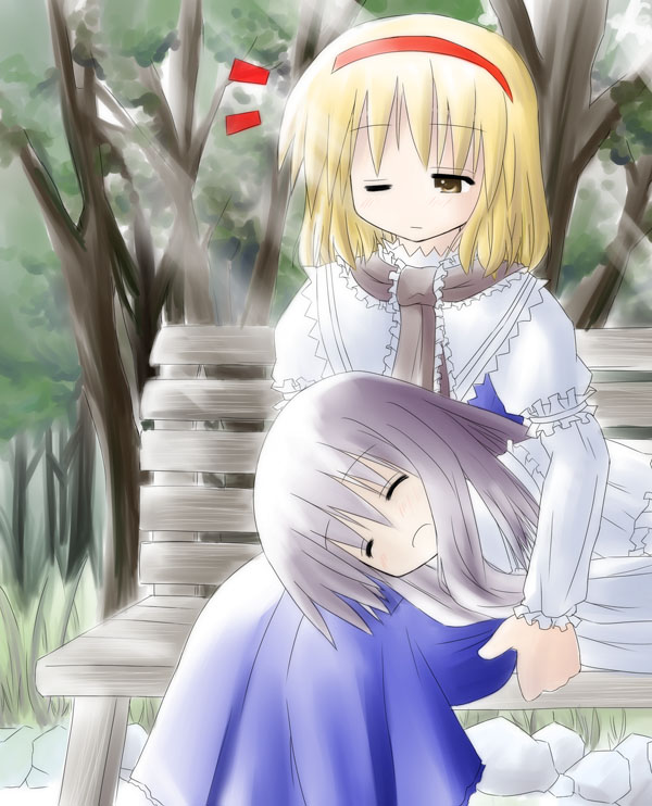 murabito, alice margatroid, patchouli knowledge, touhou, 2girls, bench, female focus, multiple girls, sleeping
