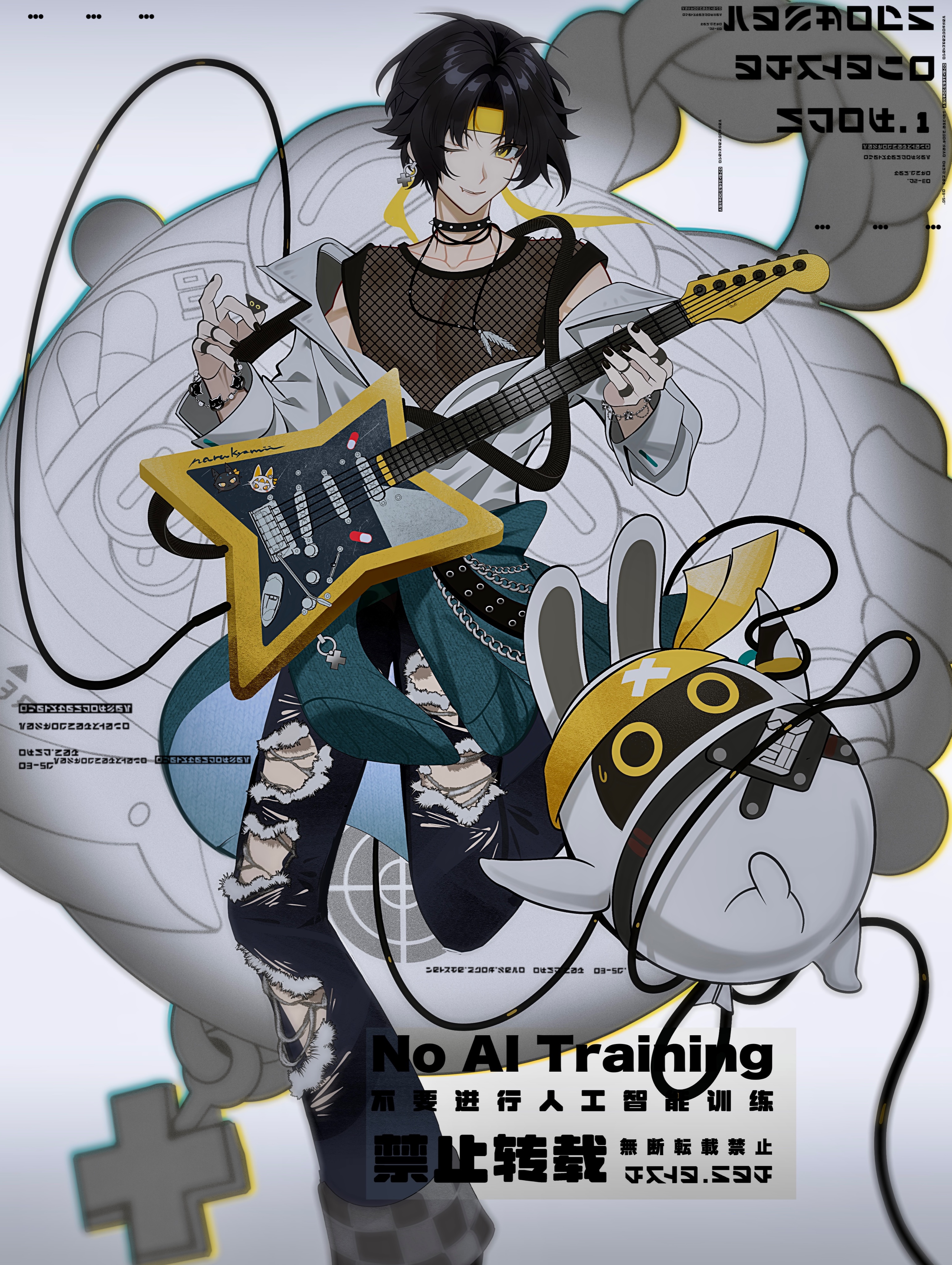 naru9, asaba harumasa, asaboo (zenless zone zero), bangboo (zenless zone zero), zenless zone zero, absurdres, highres, 1boy, 1other, black hair, black nails, blue pants, bracelet, cable, choker, clothes around waist, collarbone, earrings, electric guitar, fang, fishnet top, fishnets, guitar, headband, holding, holding plectrum, instrument, jewelry, looking at viewer, male focus, multiple rings, music, necklace, one eye closed, pants, parted bangs, playing instrument, plectrum, ring, shirt, short hair, smile, spiked choker, spikes, standing, standing on one leg, torn clothes, torn pants, unbuttoned, unbuttoned shirt, white background, white shirt, wire, yellow eyes, yellow headband