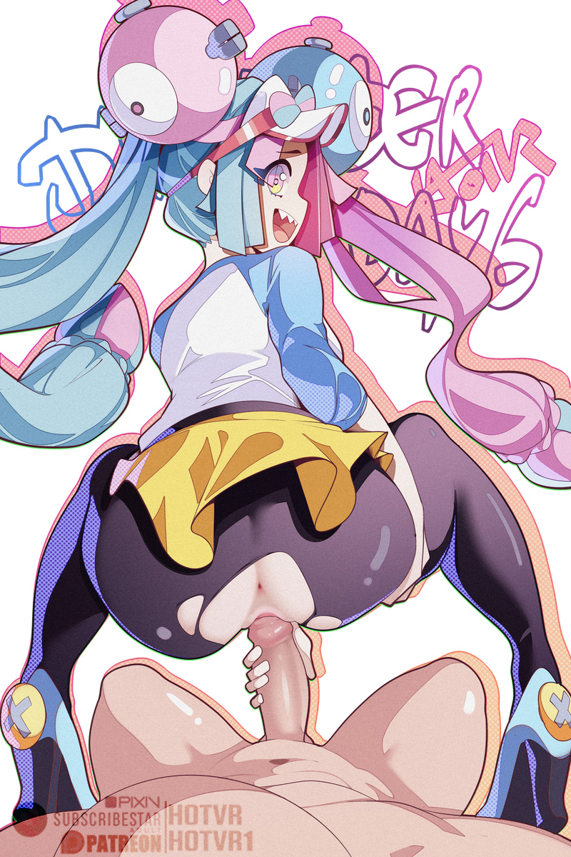 hot vr, iono (pokemon), rosa (pokemon), rosa (pokemon) (cosplay), nintendo, pokemon, pokemon bw2, pokemon sv, highres, 1boy, 1girl, :d, anus, ass, blue hair, clothed female nude male, clothes lift, cosplay, from behind, gradient eyes, hair ornament, hetero, imminent penetration, imminent vaginal, large penis, leggings, long hair, looking back, multicolored eyes, multicolored hair, nude, open mouth, penis, pink eyes, pink hair, purple hair, pussy, raglan sleeves, sex, sharp teeth, skirt, skirt lift, smile, split-color hair, teeth, torn clothes, torn leggings, twintails, uncensored, very long hair, visor cap, yellow eyes