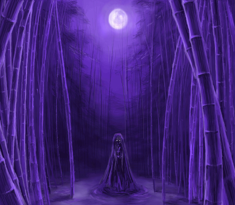 ugatsu matsuki, houraisan kaguya, touhou, source request, 1girl, bamboo, bamboo forest, creepy, dark, female focus, forest, full moon, horror (theme), japanese clothes, long hair, monochrome, moon, moonlight, nature, night, purple theme, solo, very long hair