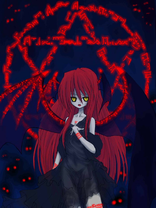 koakuma, embodiment of scarlet devil, touhou, 1girl, dark, female focus, head wings, red hair, solo, standing, wings, yellow eyes