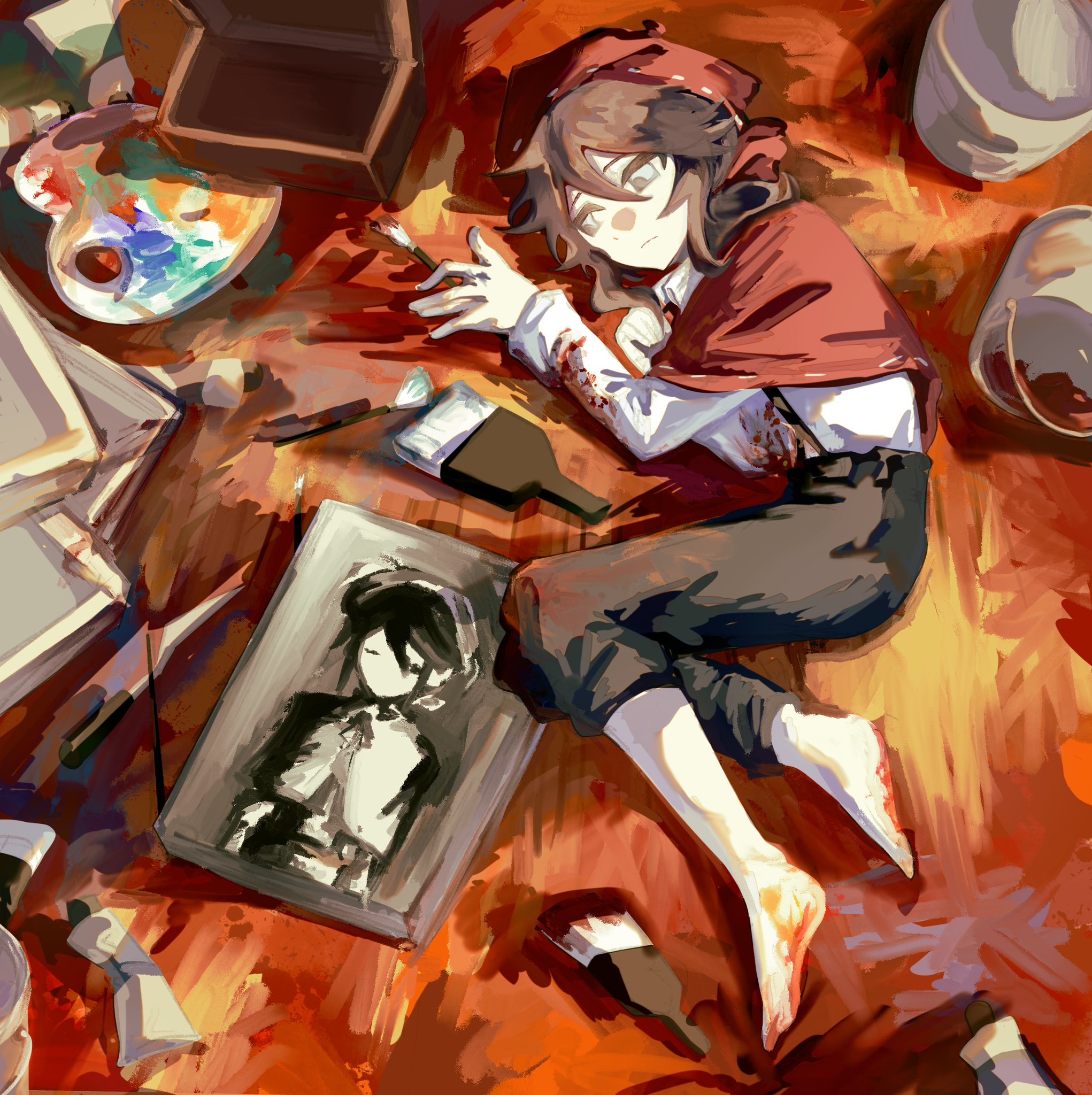 edgar valden, identity v, highres, 1boy, androgynous, black pants, blue eyes, bow, brown hair, capelet, clutter, expressionless, hair bow, looking at object, lying, male focus, paint palette, painting (object), pants, red bow, red capelet, shirt, suspenders, white shirt, yichengsu1991