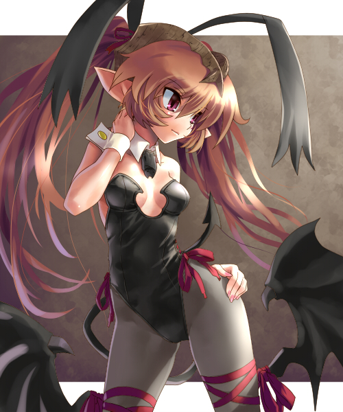 katahira masashi, original, 1girl, animal ears, brown hair, contrapposto, cowboy shot, demon tail, demon wings, detached collar, fake animal ears, female focus, hand on own hip, horns, leg ribbon, letterboxed, long hair, nail polish, pantyhose, playboy bunny, pointy ears, purple eyes, rabbit ears, red eyes, ribbon, solo, standing, tail, thigh ribbon, wings, wrist cuffs