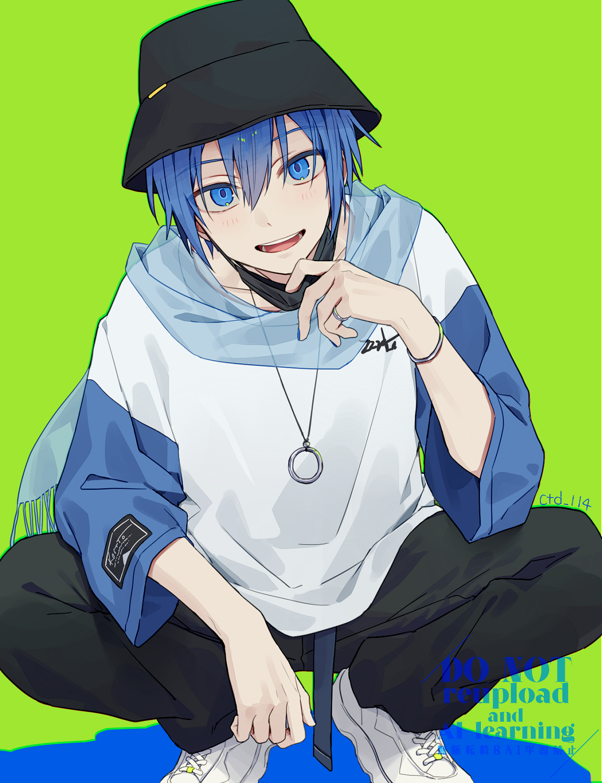 ctd 114, kaito (vocaloid), vocaloid, commentary request, highres, 1boy, alternate costume, black hat, black pants, blue eyes, blue hair, blue scarf, bracelet, bucket hat, elbow on knee, full body, green background, hair between eyes, hat, jewelry, looking at viewer, male focus, necklace, open mouth, pants, ring, ring necklace, scarf, shoelaces, shoes, short hair, smile, sneakers, solo, squatting, teeth, two-tone shirt, watermark, white shoes