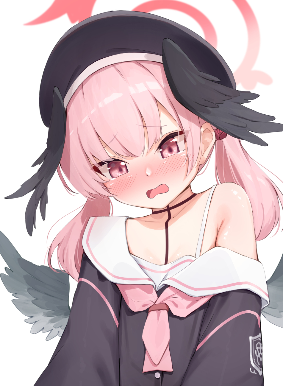 akasaki koyo, koharu (blue archive), blue archive, commentary, commission, highres, skeb commission, 1girl, armpit crease, beret, black choker, black hat, black shirt, black wings, blush, bra strap, breasts, choker, collarbone, embarrassed, feathered wings, furrowed brow, halo, hat, head wings, long sleeves, looking down, medium hair, neckerchief, nose blush, open mouth, pink eyes, pink hair, pink halo, pink neckerchief, sailor collar, sailor shirt, school uniform, serafuku, shirt, simple background, single bare shoulder, small breasts, solo, spaghetti strap, twintails, upper body, wavy mouth, white background, white sailor collar, wings