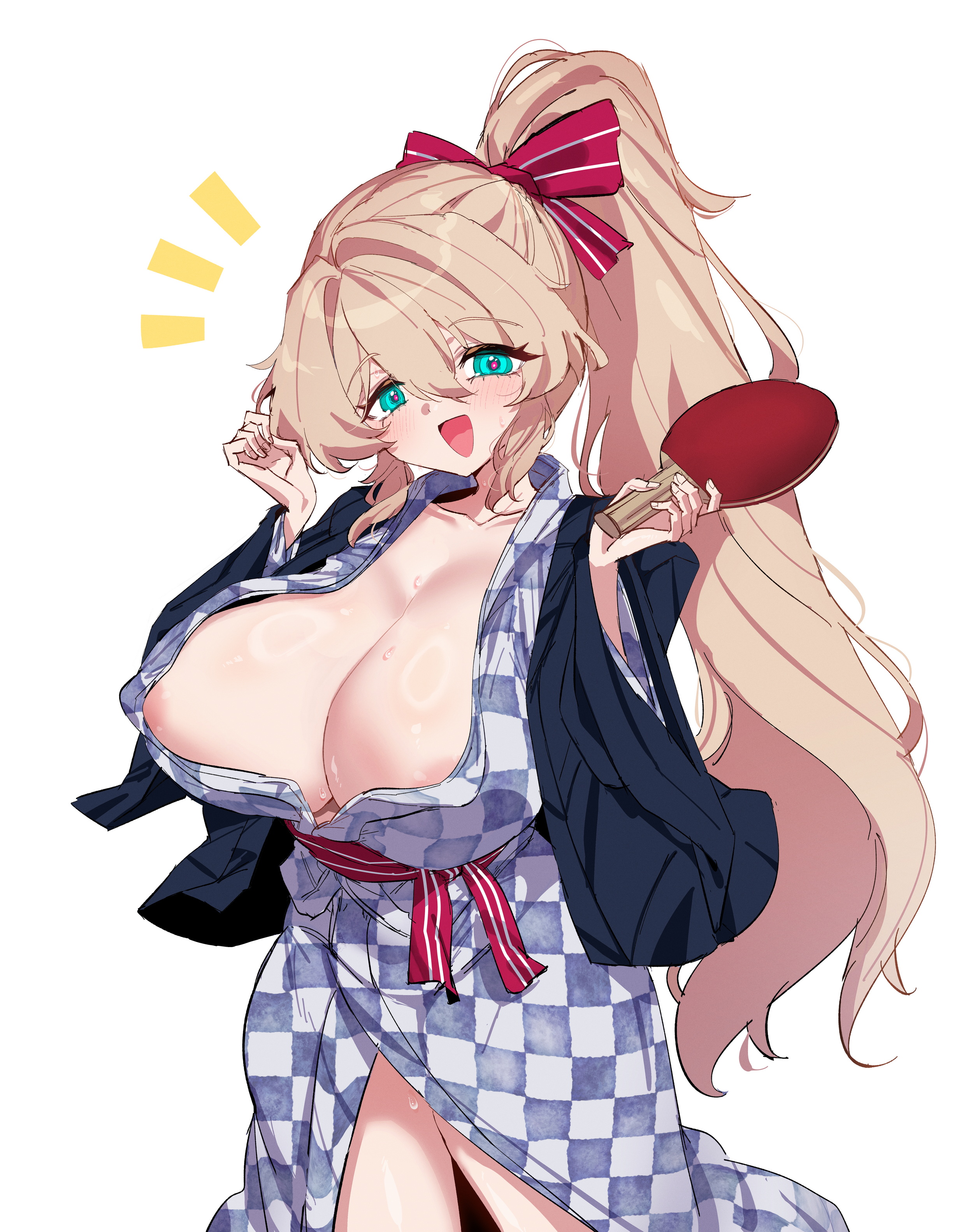 rayno, original, absurdres, commentary, english commentary, highres, 1girl, :d, aqua eyes, areola slip, black jacket, blonde hair, blue kimono, bow, breasts, checkered clothes, checkered kimono, cleavage, collarbone, cowboy shot, double-parted bangs, hair between eyes, hair bow, hands up, huge breasts, jacket, japanese clothes, kimono, long hair, long sleeves, looking at viewer, notice lines, open clothes, open jacket, open mouth, paddle, ponytail, red bow, simple background, smile, solo, sweat, table tennis paddle, white background, wide sleeves, yukata