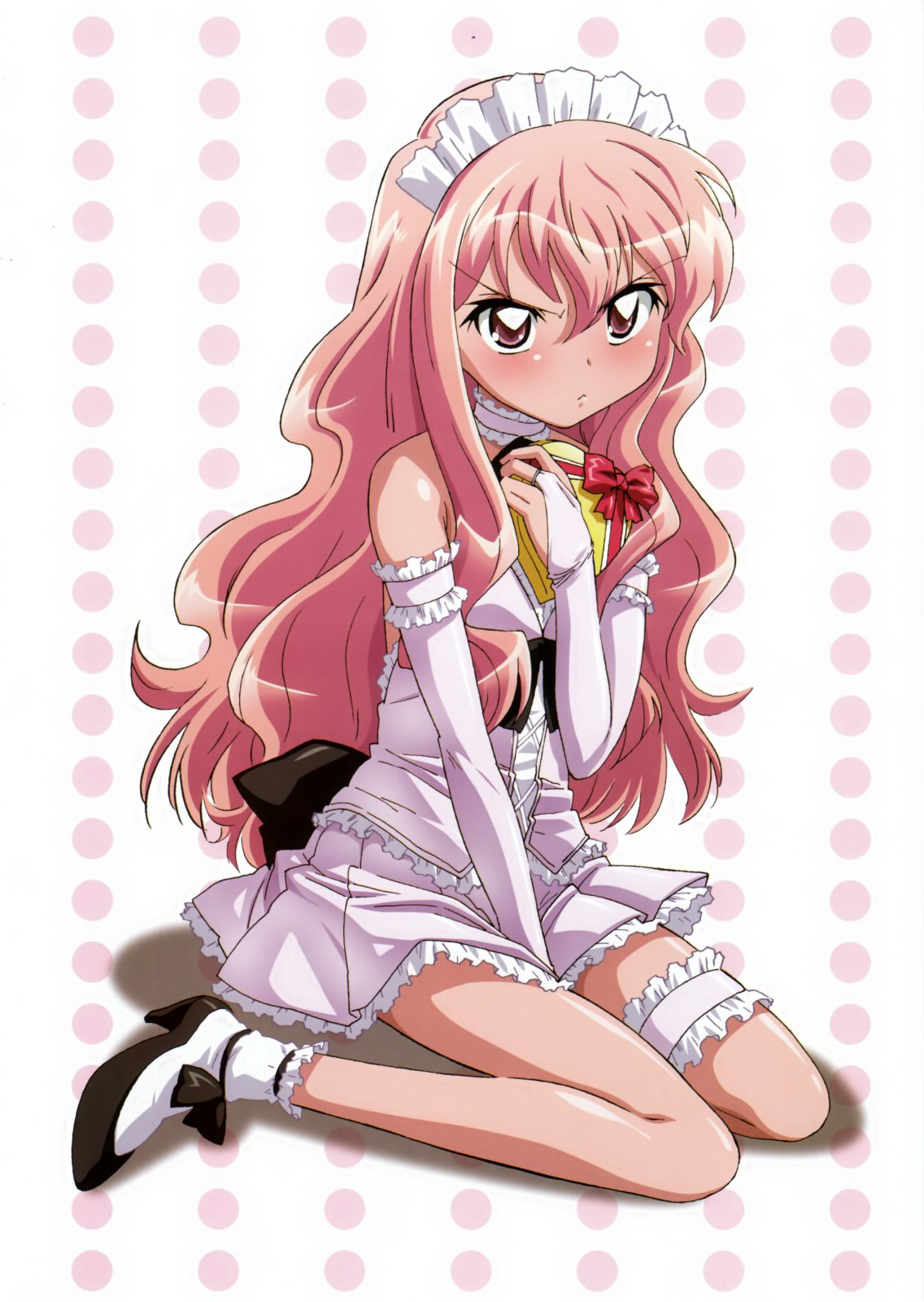 louise francoise le blanc de la valliere, zero no tsukaima, artist request, highres, 00s, arm garter, blush, bridal gauntlets, chocolate, elbow gloves, frilled thigh strap, gloves, maid, pink eyes, pink hair, solo, thigh strap, thighhighs